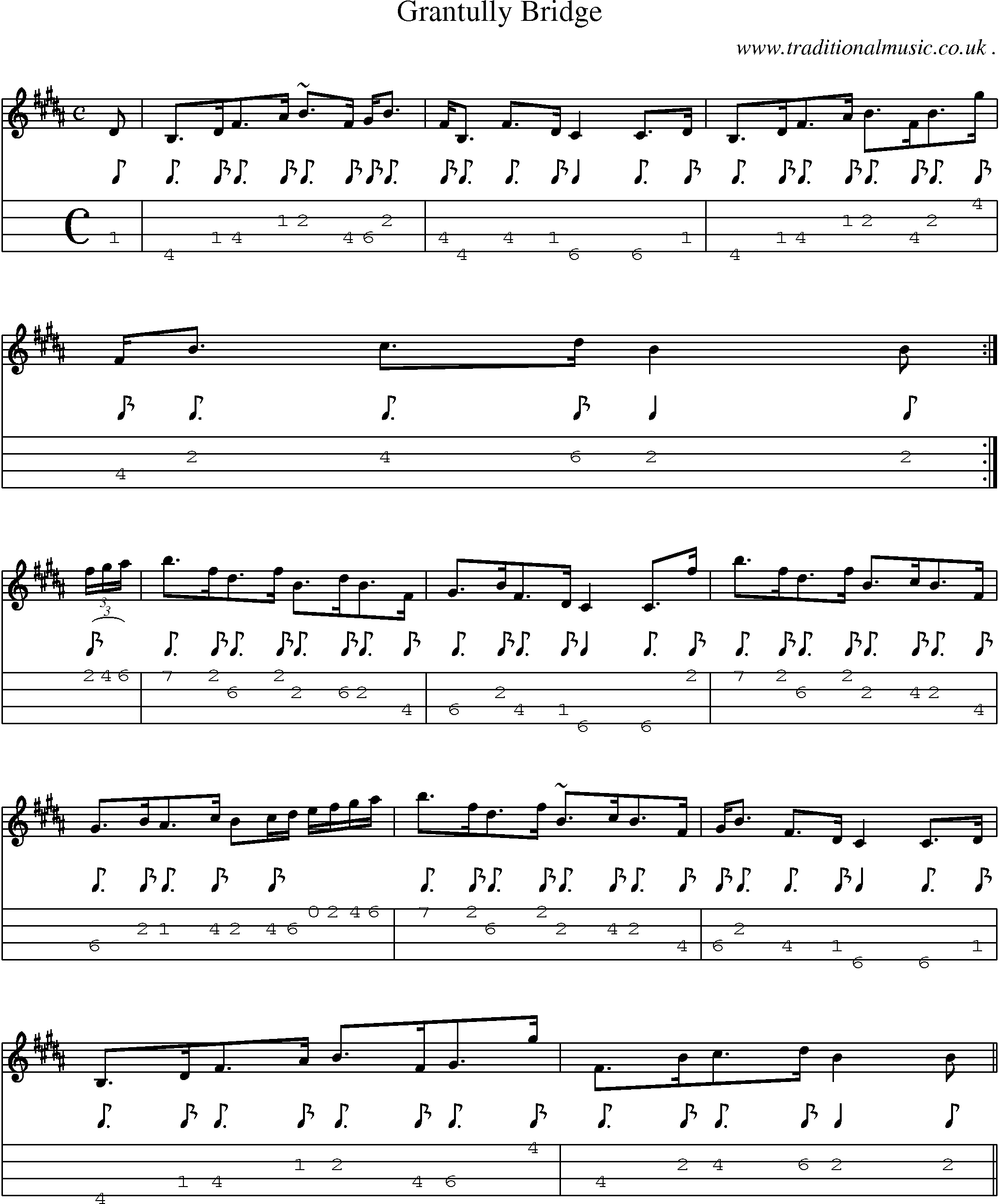 Sheet-music  score, Chords and Mandolin Tabs for Grantully Bridge