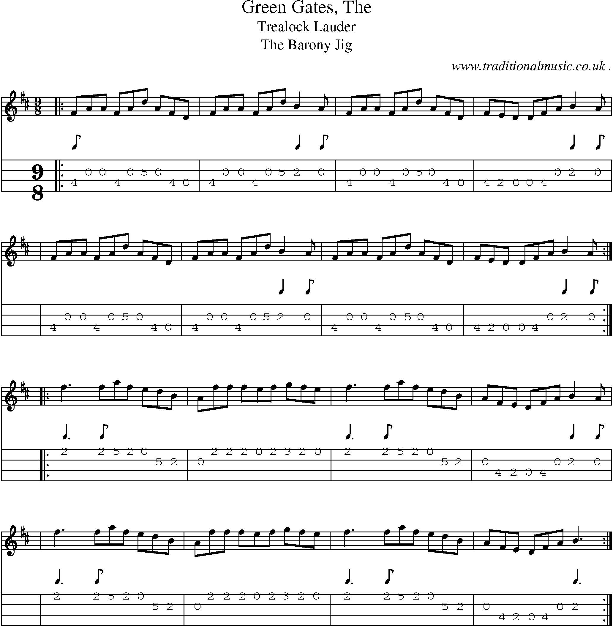 Sheet-music  score, Chords and Mandolin Tabs for Green Gates The