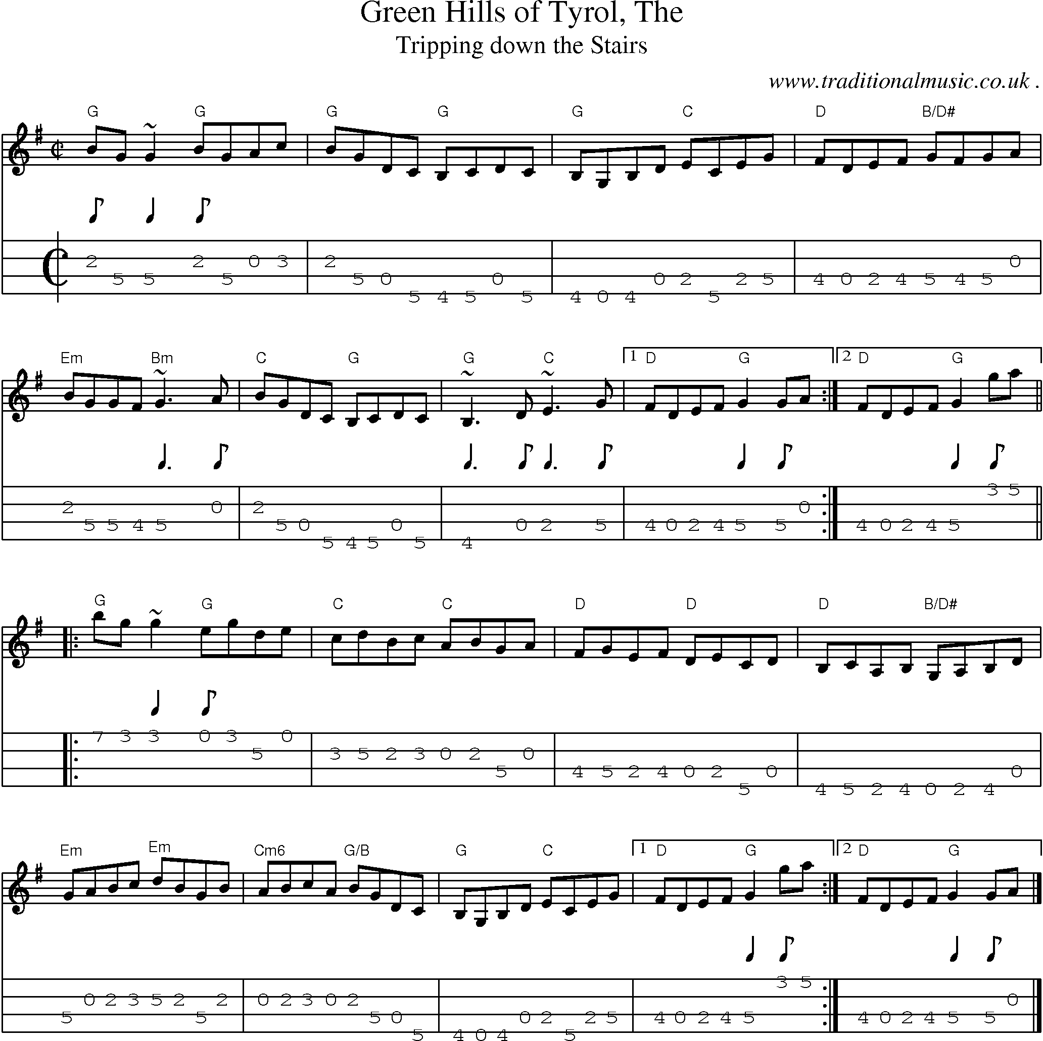 Sheet-music  score, Chords and Mandolin Tabs for Green Hills Of Tyrol The