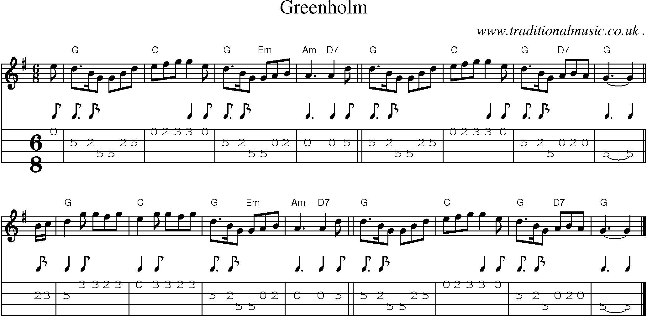 Sheet-music  score, Chords and Mandolin Tabs for Greenholm