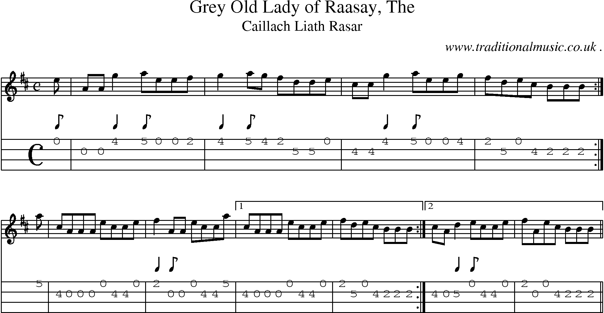 Sheet-music  score, Chords and Mandolin Tabs for Grey Old Lady Of Raasay The