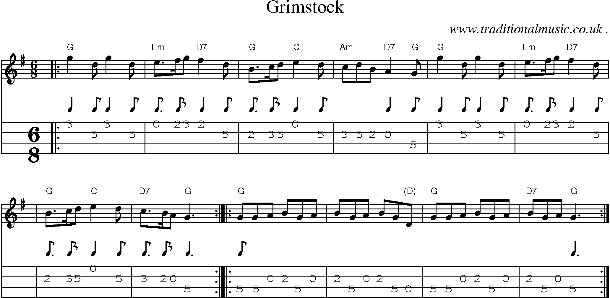 Sheet-music  score, Chords and Mandolin Tabs for Grimstock
