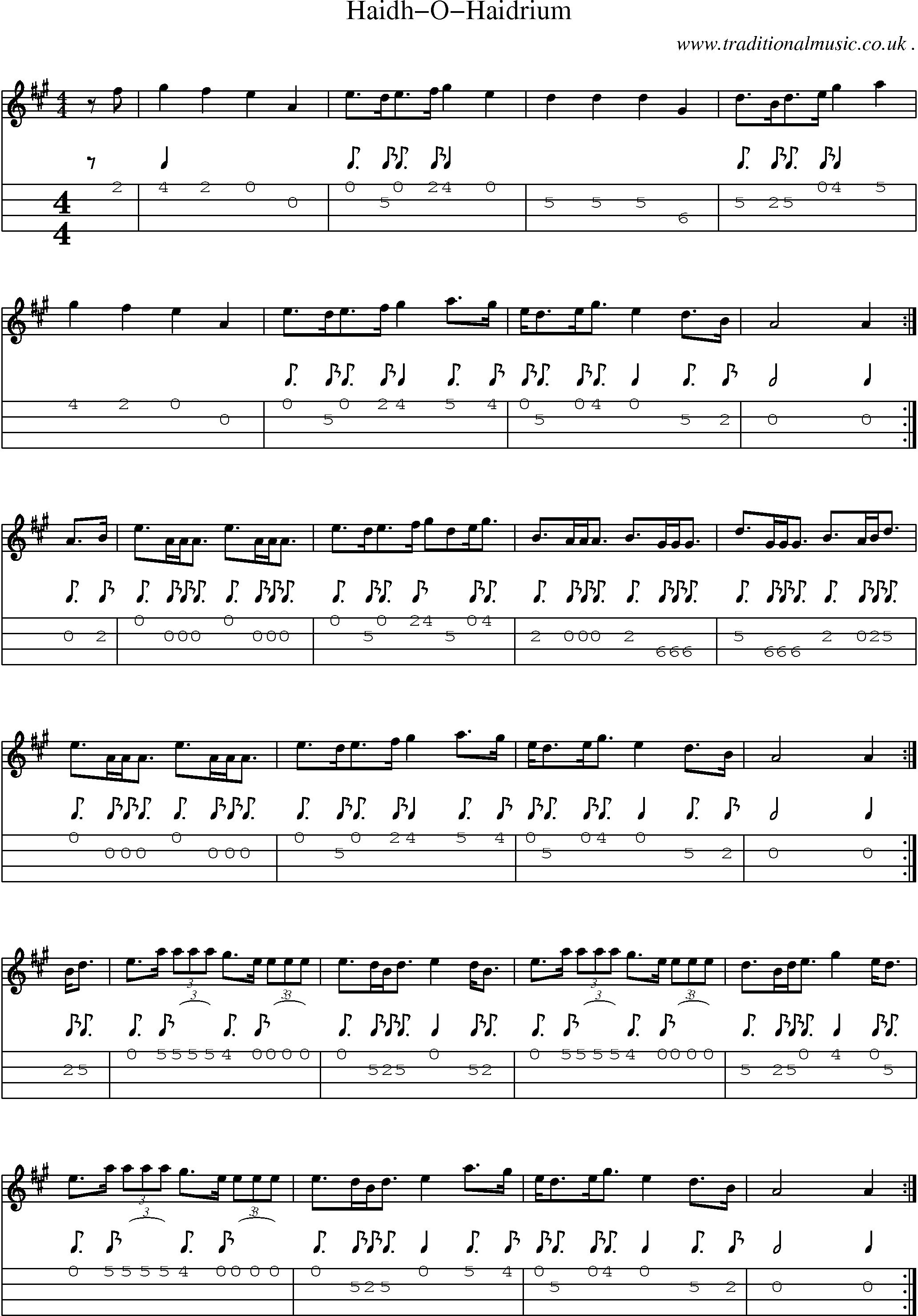 Sheet-music  score, Chords and Mandolin Tabs for Haidh-o-haidrium