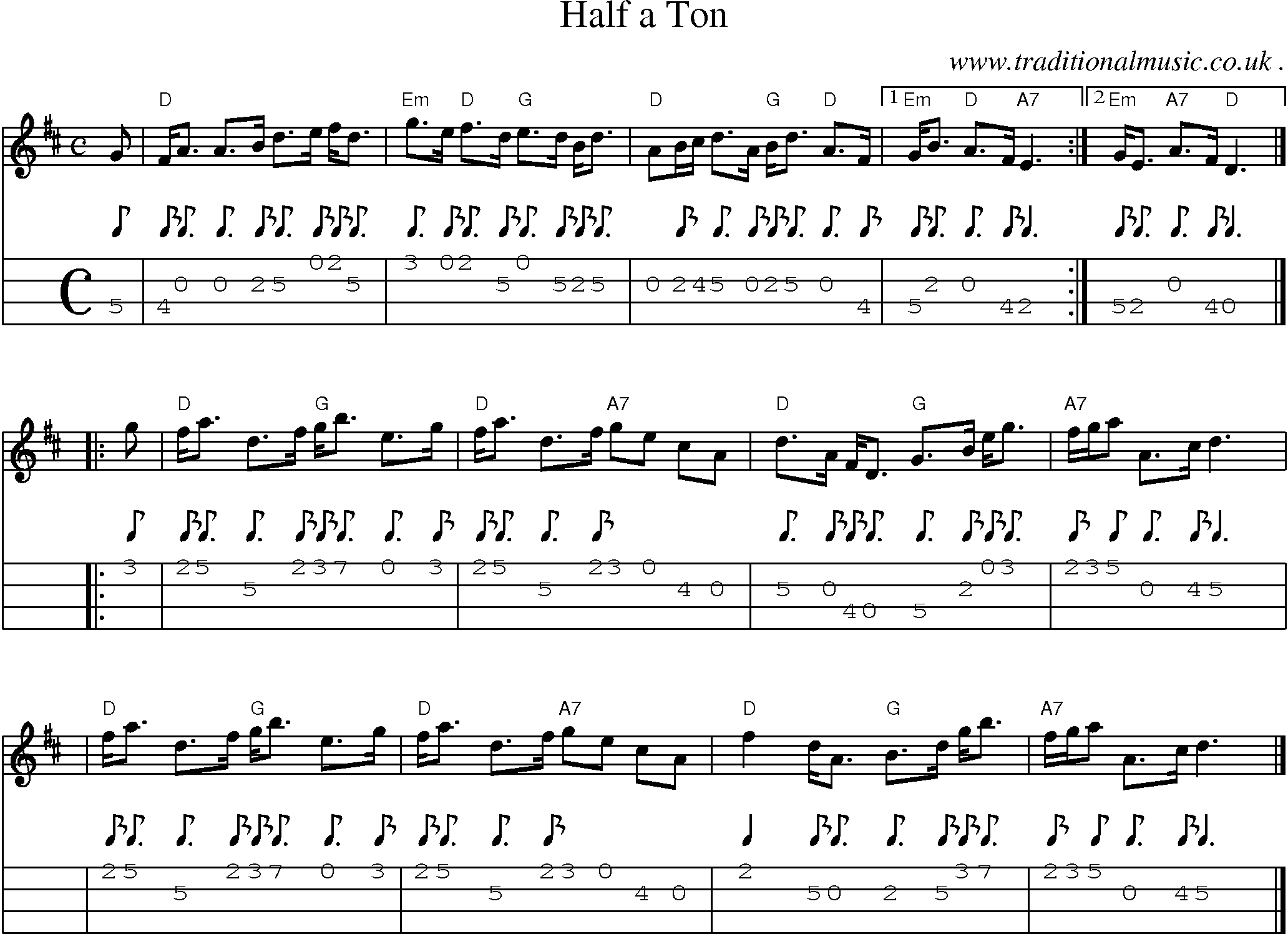 Sheet-music  score, Chords and Mandolin Tabs for Half A Ton