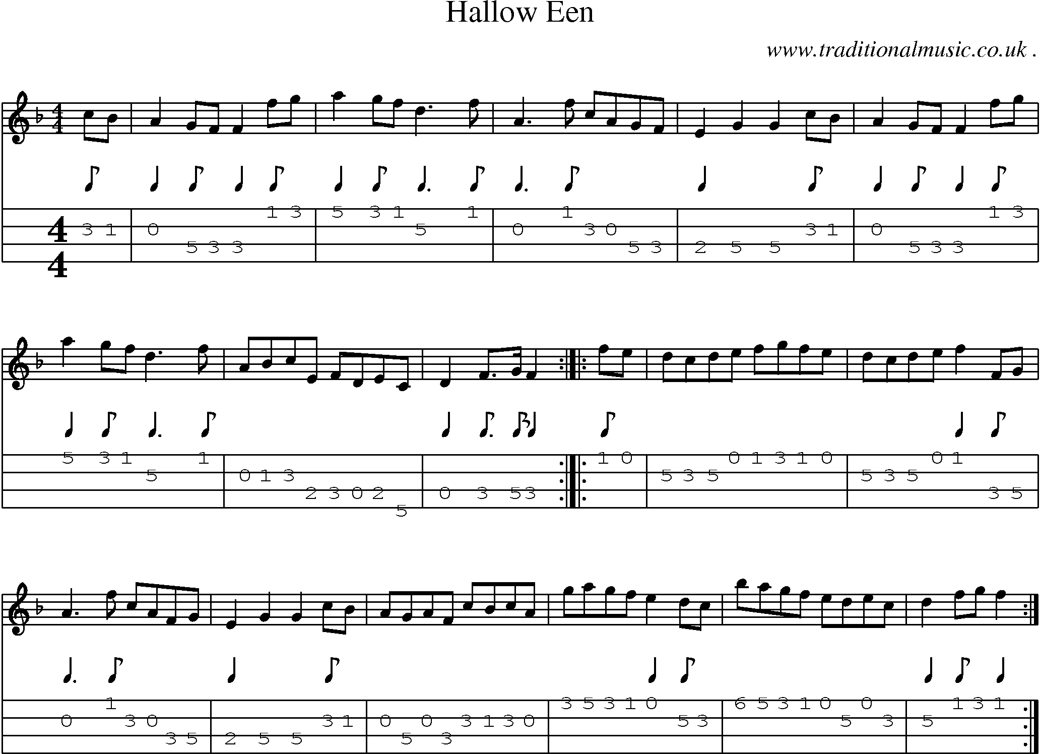 Sheet-music  score, Chords and Mandolin Tabs for Hallow Een
