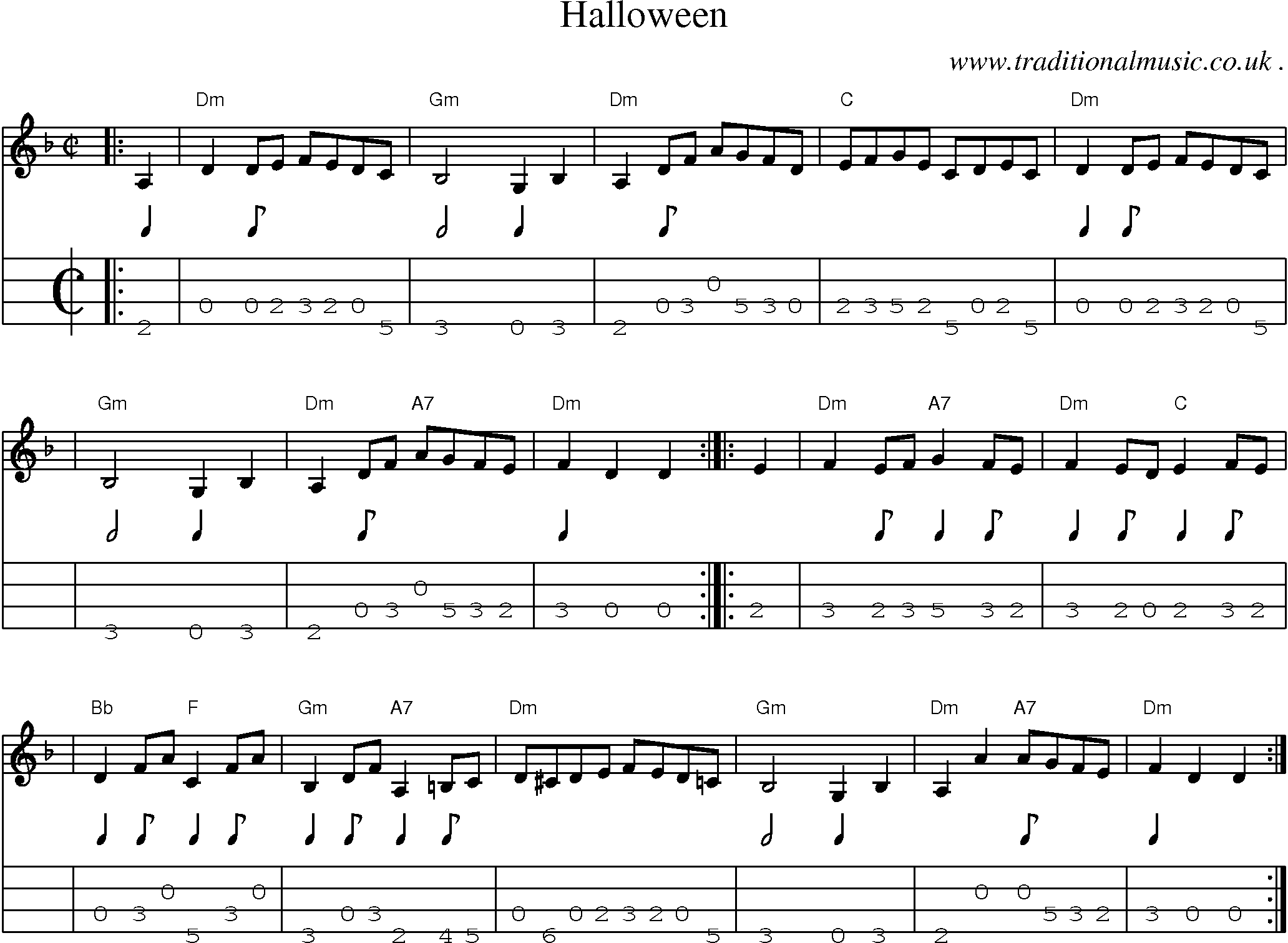 Sheet-music  score, Chords and Mandolin Tabs for Halloween