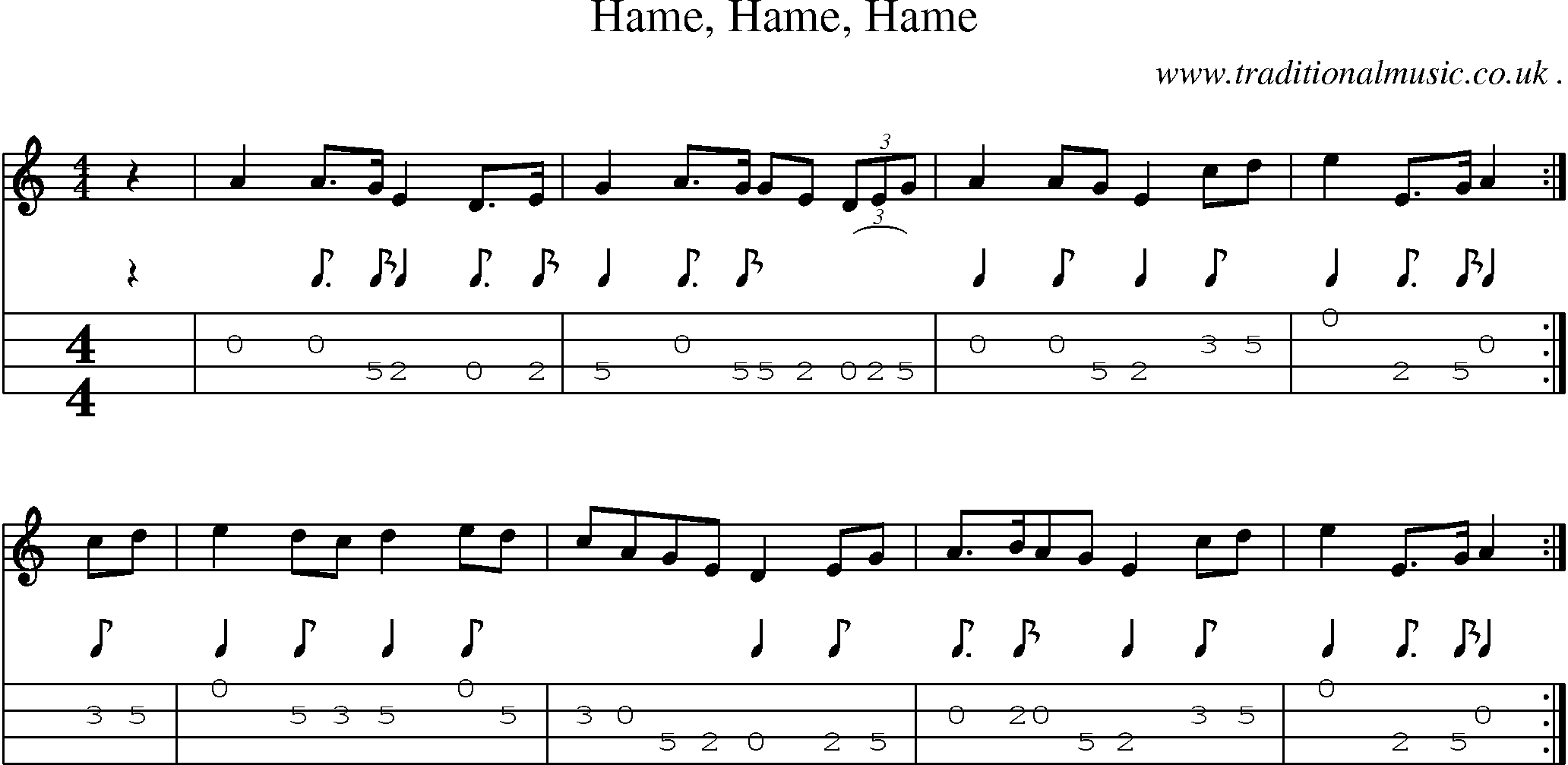 Sheet-music  score, Chords and Mandolin Tabs for Hame Hame Hame