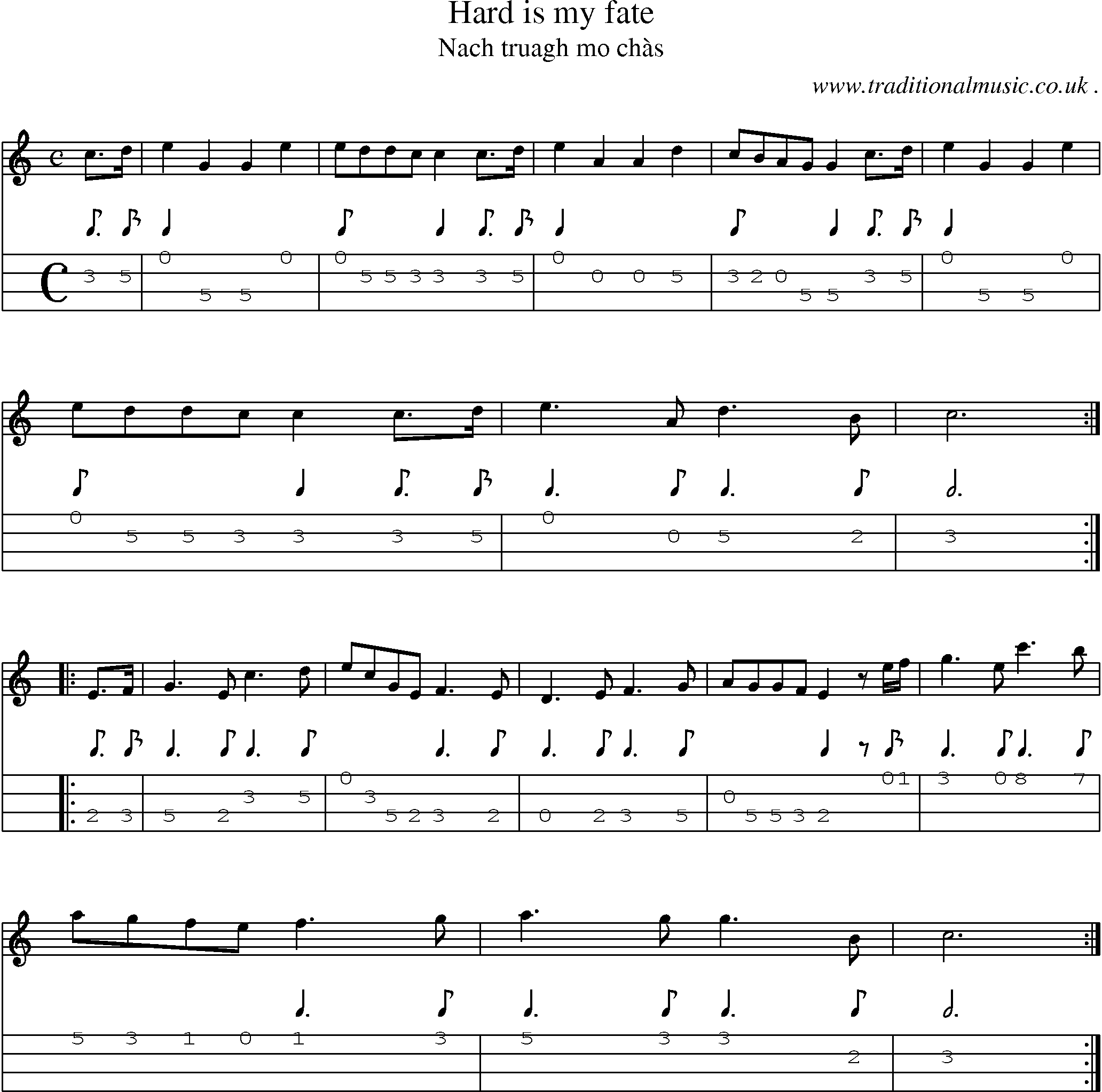Sheet-music  score, Chords and Mandolin Tabs for Hard Is My Fate