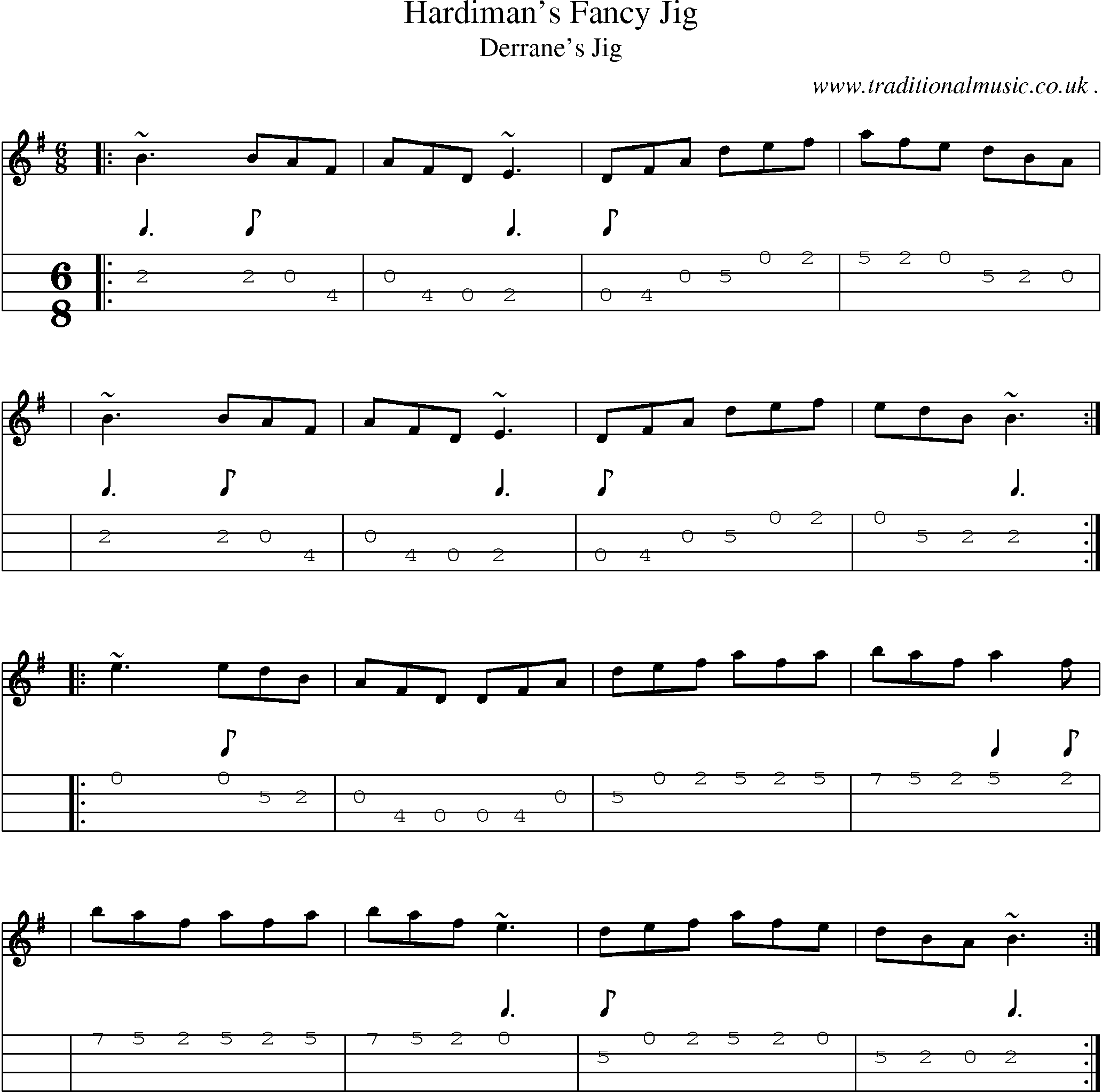 Sheet-music  score, Chords and Mandolin Tabs for Hardimans Fancy Jig