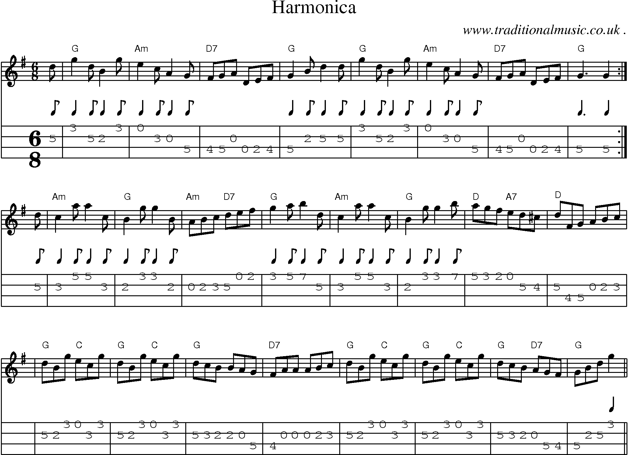 Sheet-music  score, Chords and Mandolin Tabs for Harmonica