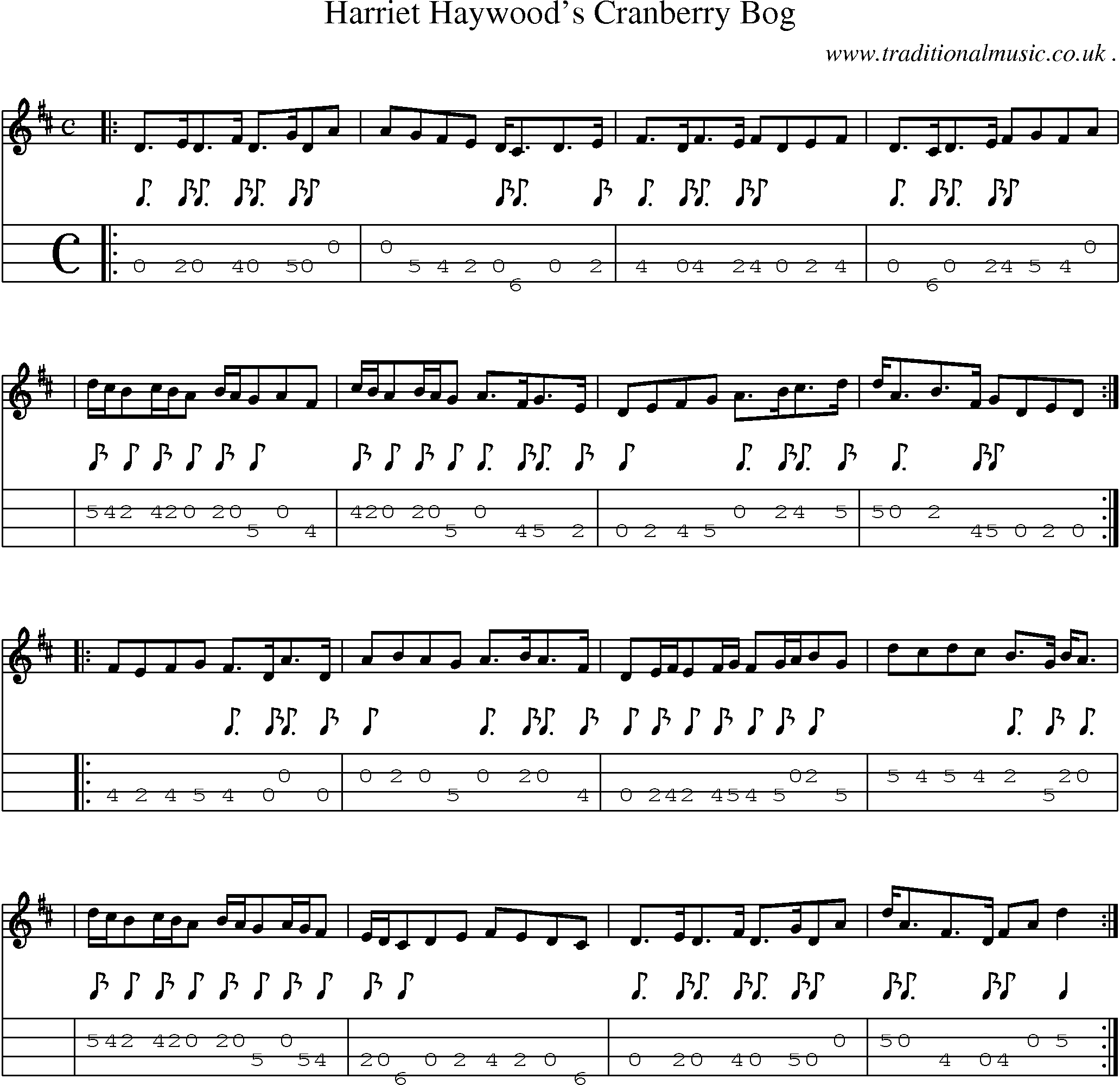 Sheet-music  score, Chords and Mandolin Tabs for Harriet Haywoods Cranberry Bog