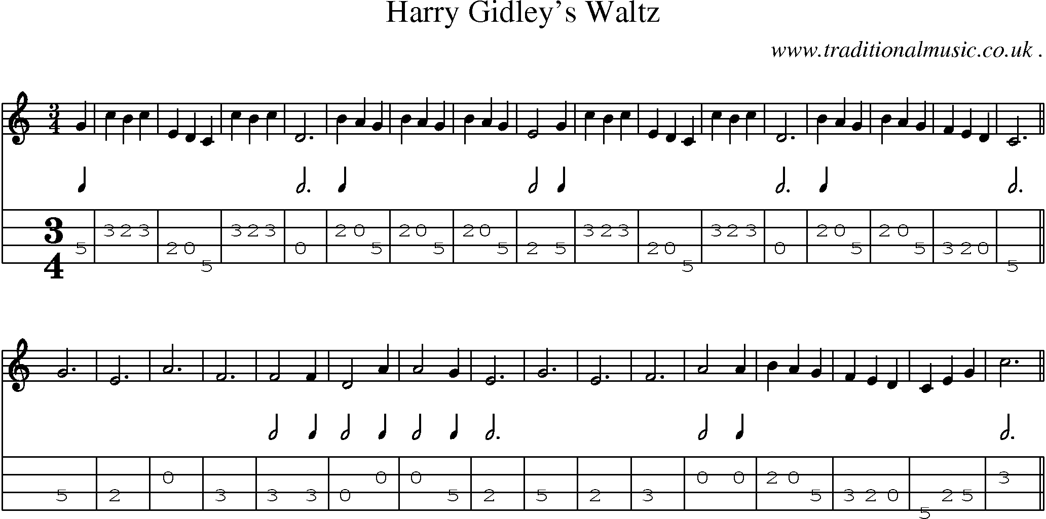 Sheet-music  score, Chords and Mandolin Tabs for Harry Gidleys Waltz