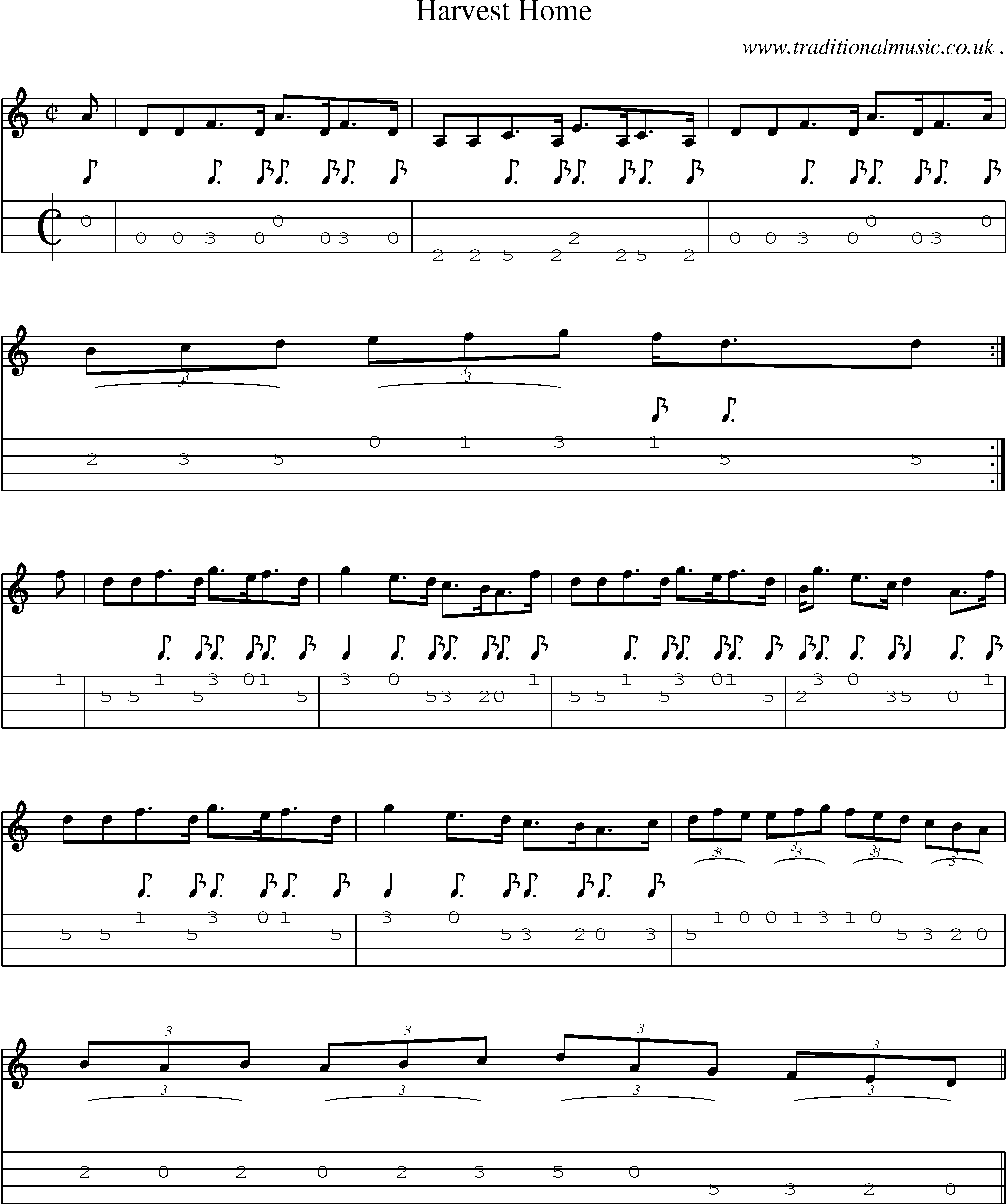 Sheet-music  score, Chords and Mandolin Tabs for Harvest Home