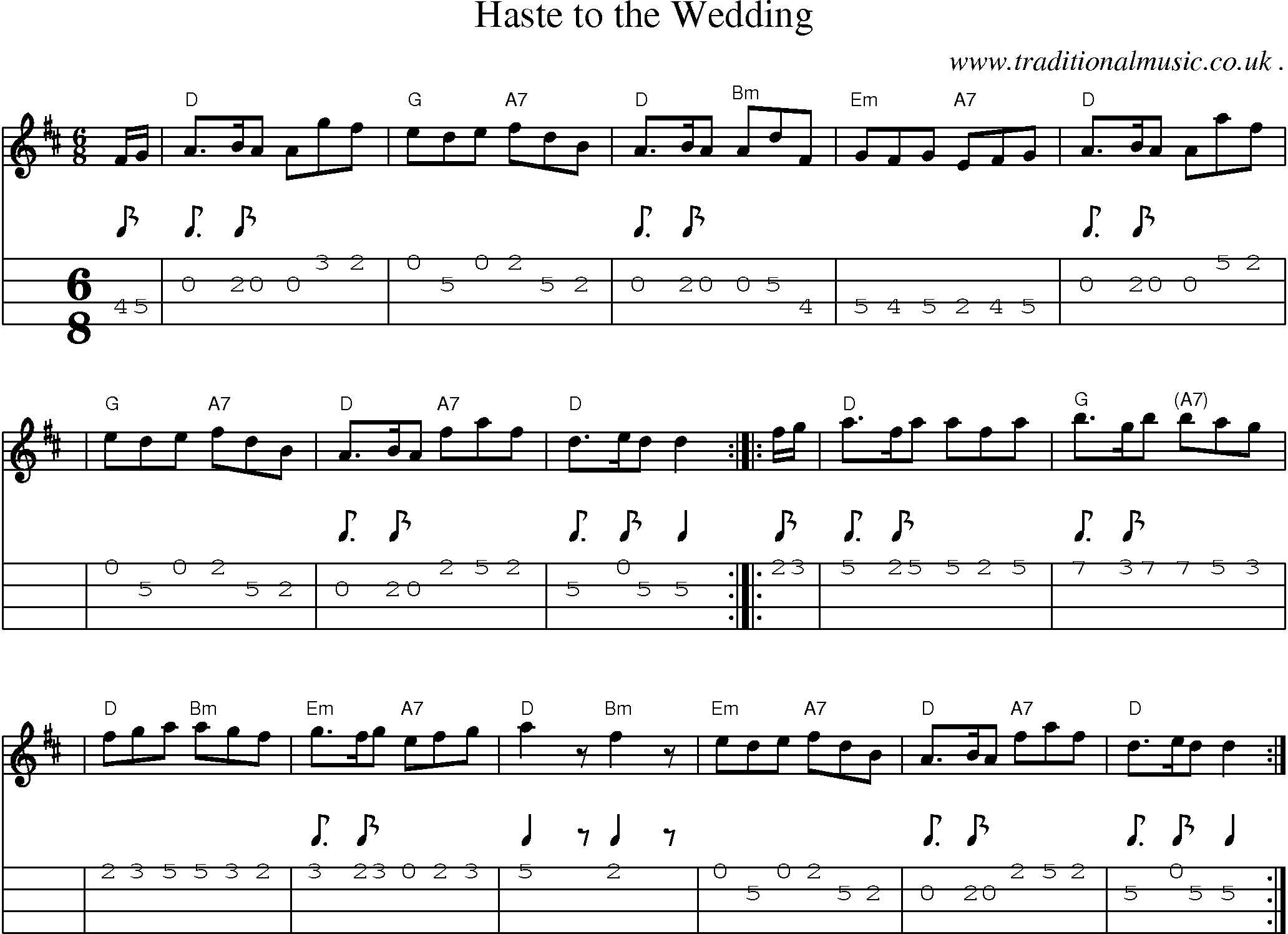 Sheet-music  score, Chords and Mandolin Tabs for Haste To The Wedding