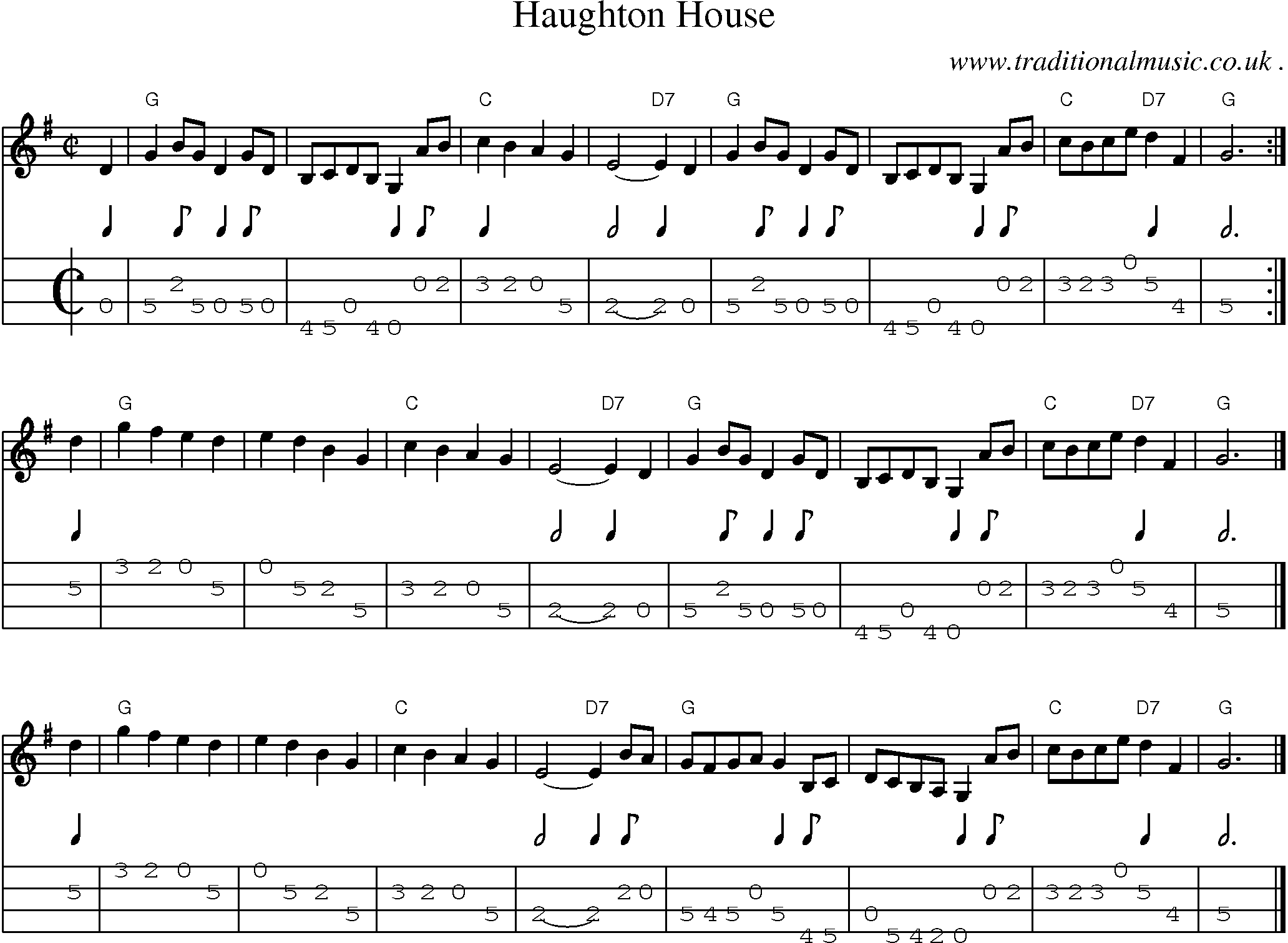 Sheet-music  score, Chords and Mandolin Tabs for Haughton House