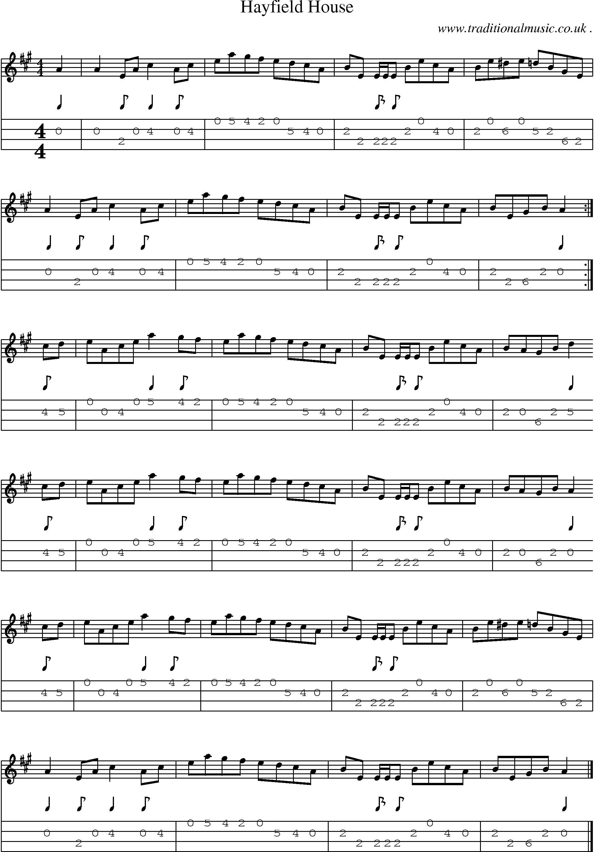 Sheet-music  score, Chords and Mandolin Tabs for Hayfield House