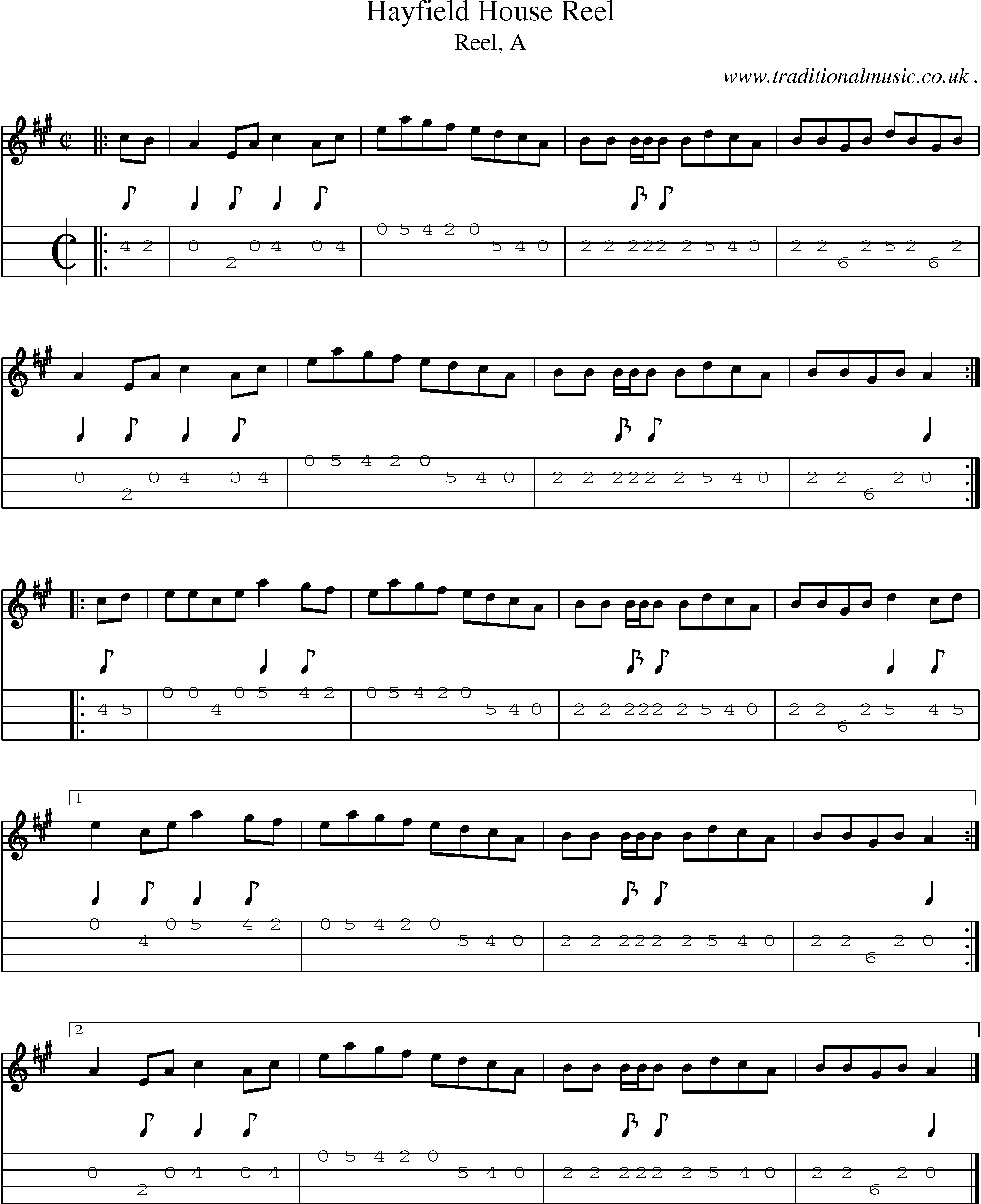 Sheet-music  score, Chords and Mandolin Tabs for Hayfield House Reel