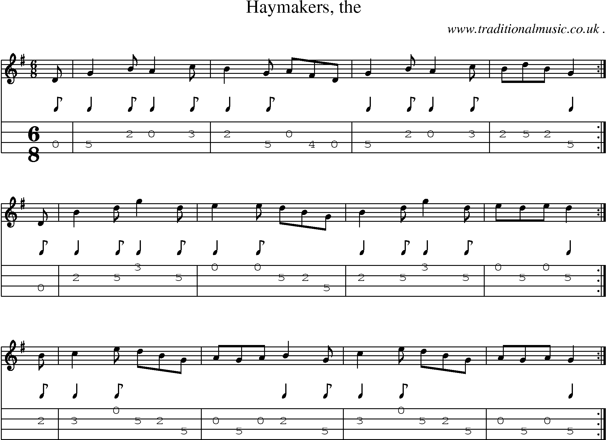 Sheet-music  score, Chords and Mandolin Tabs for Haymakers The