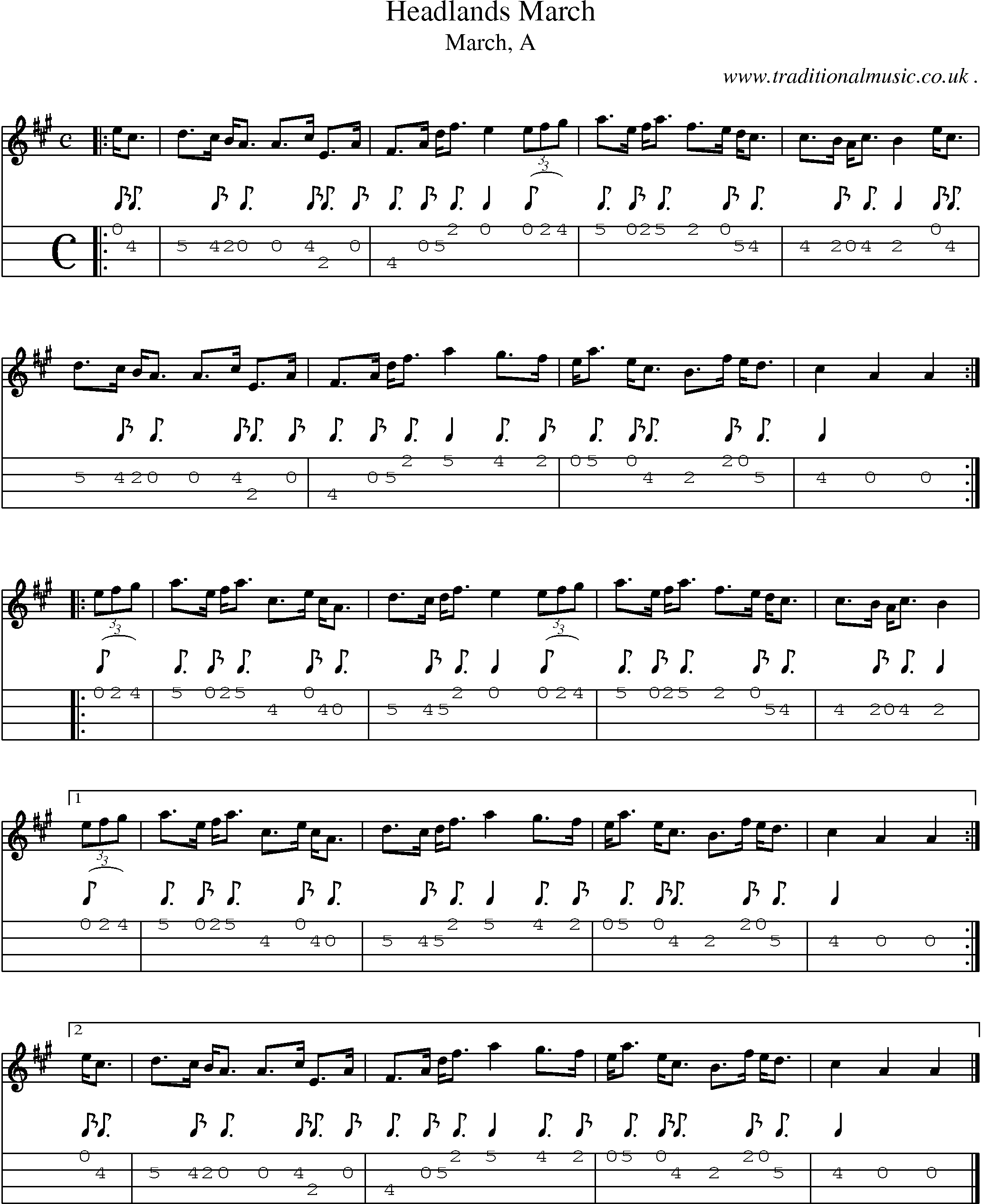 Sheet-music  score, Chords and Mandolin Tabs for Headlands March