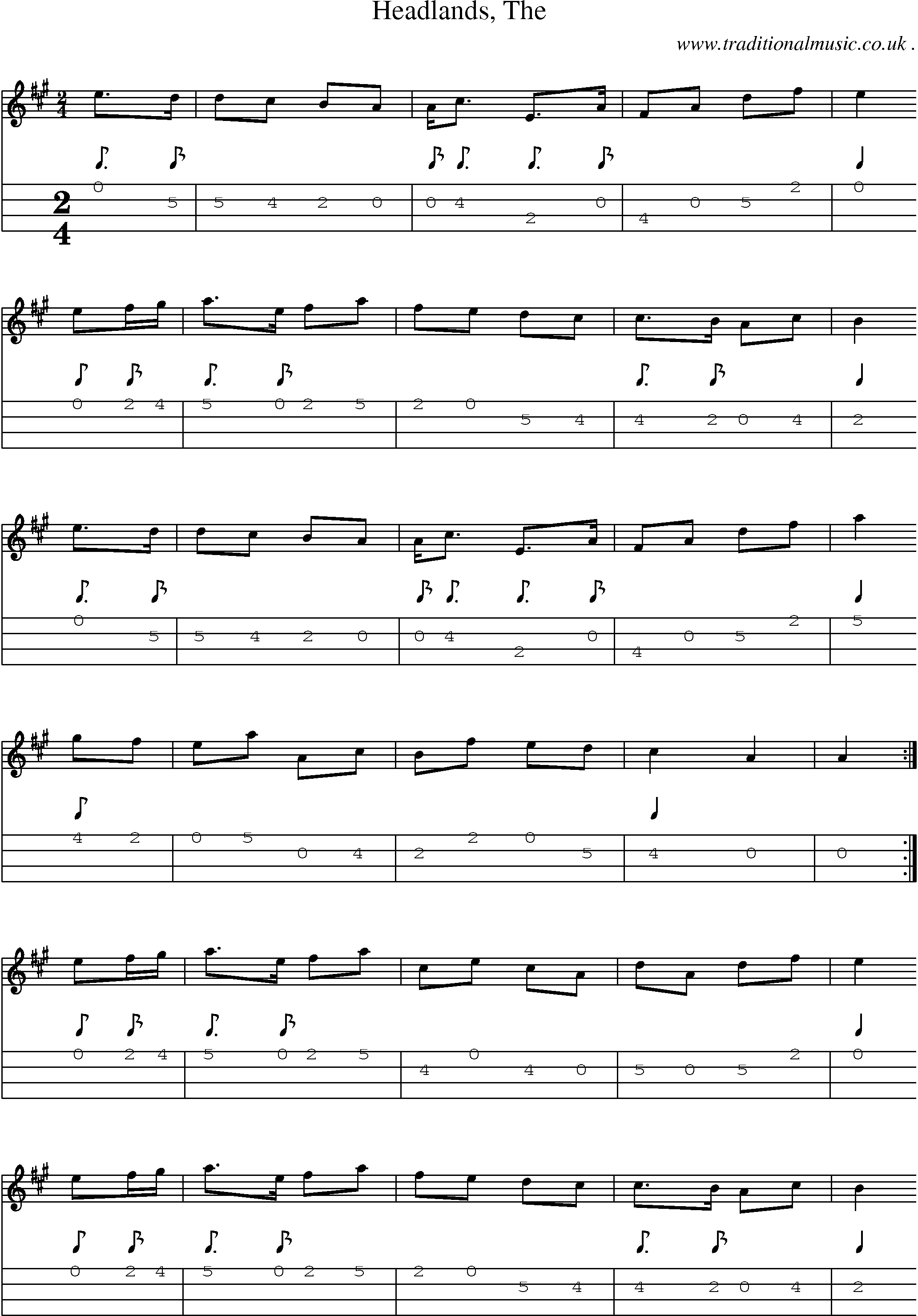 Sheet-music  score, Chords and Mandolin Tabs for Headlands The