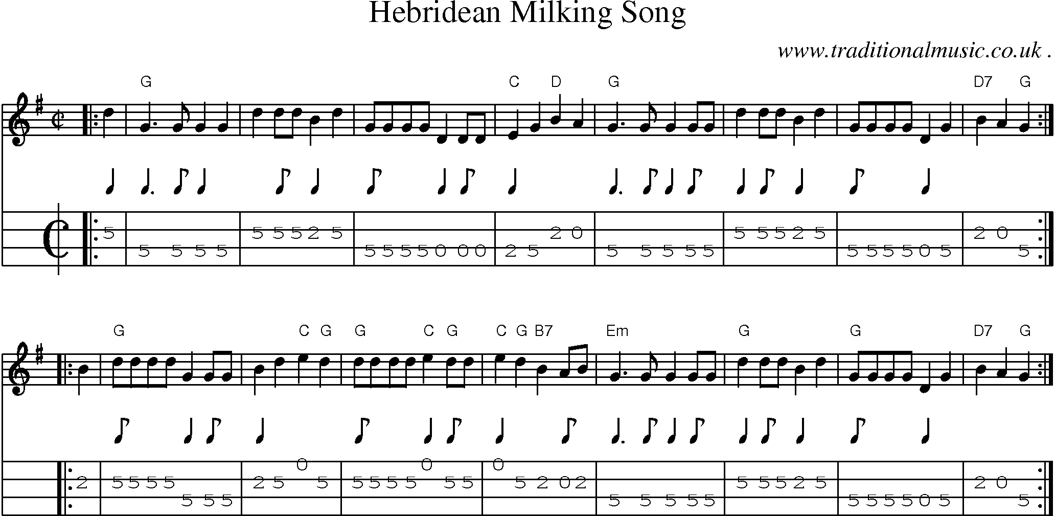 Sheet-music  score, Chords and Mandolin Tabs for Hebridean Milking Song