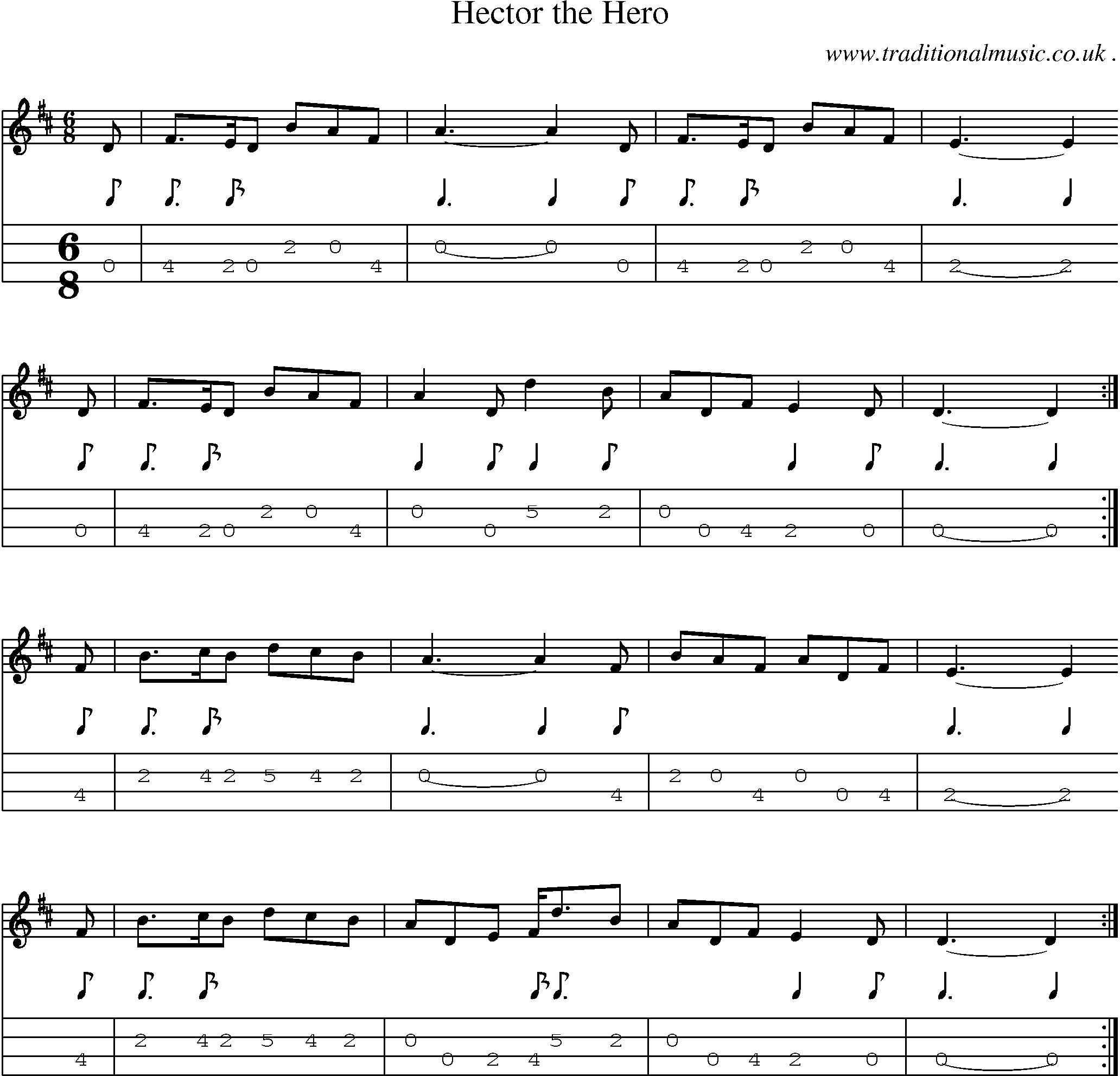 Sheet-music  score, Chords and Mandolin Tabs for Hector The Hero