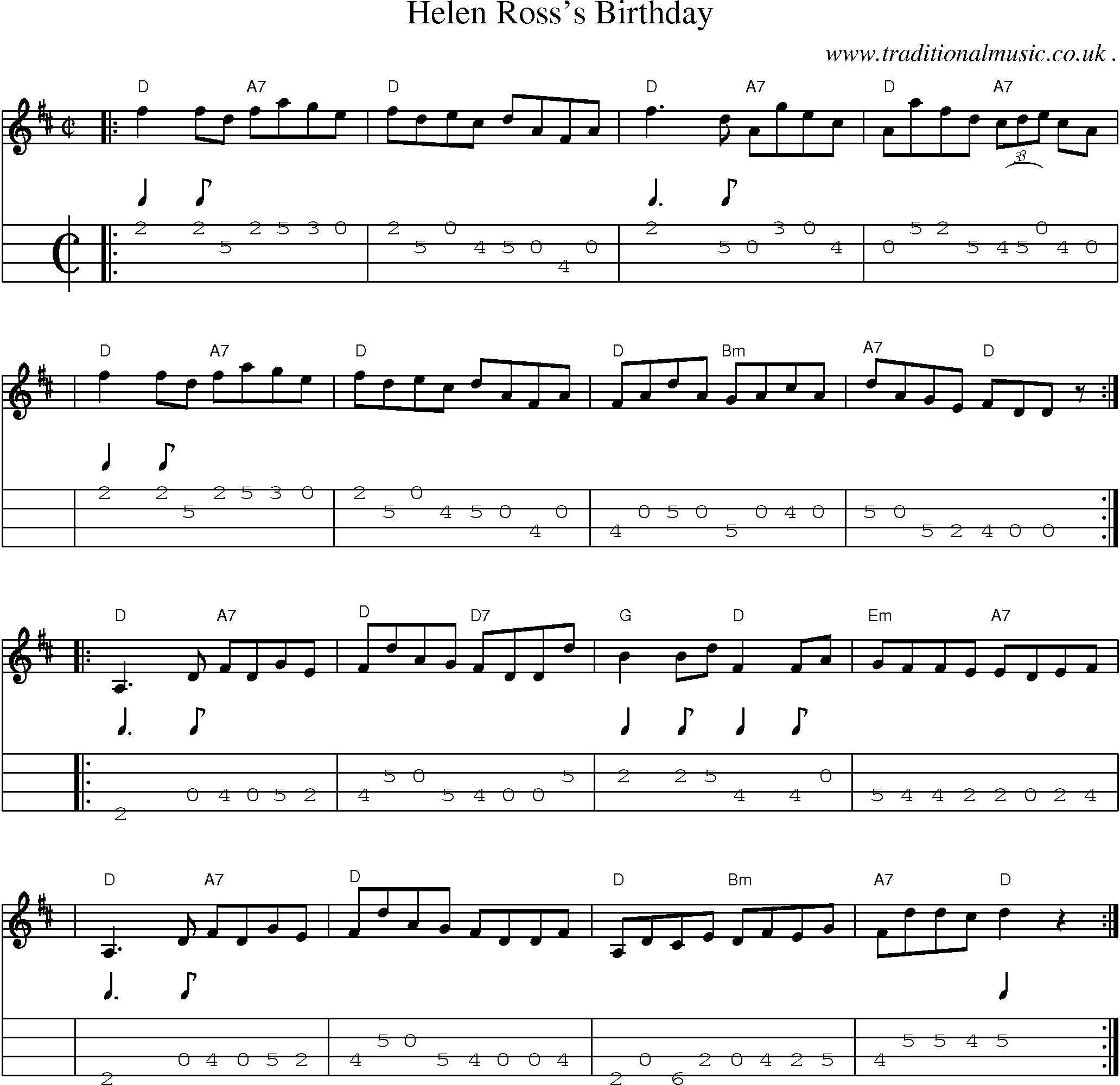Sheet-music  score, Chords and Mandolin Tabs for Helen Rosss Birthday