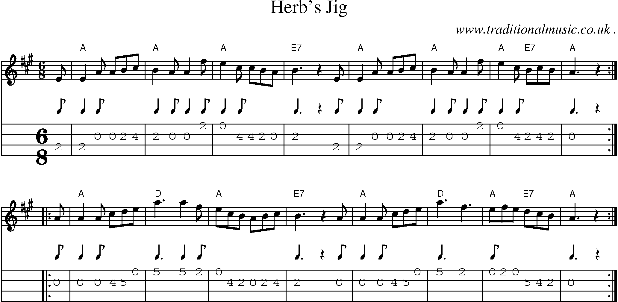 Sheet-music  score, Chords and Mandolin Tabs for Herbs Jig