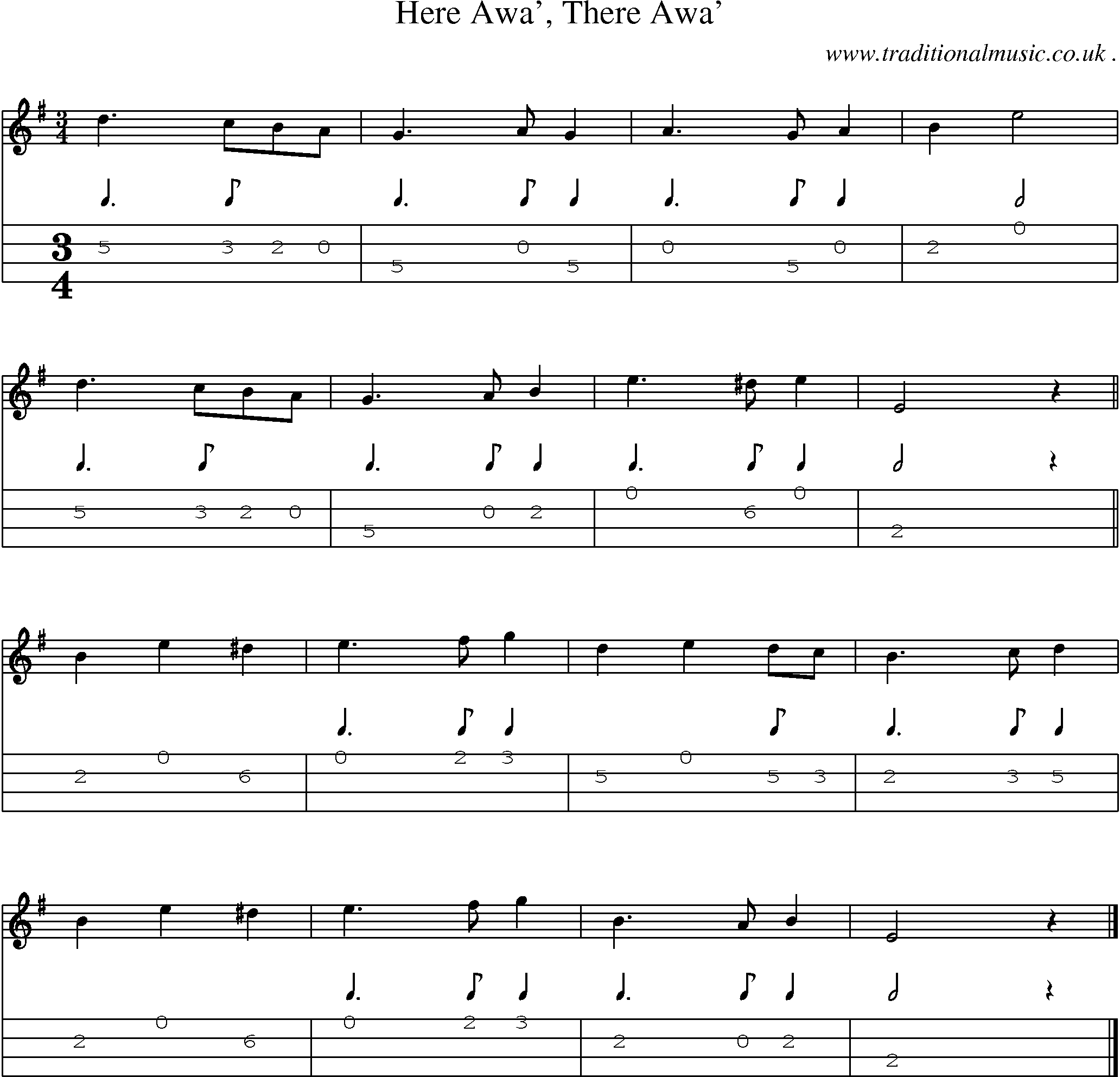 Sheet-music  score, Chords and Mandolin Tabs for Here Awa There Awa
