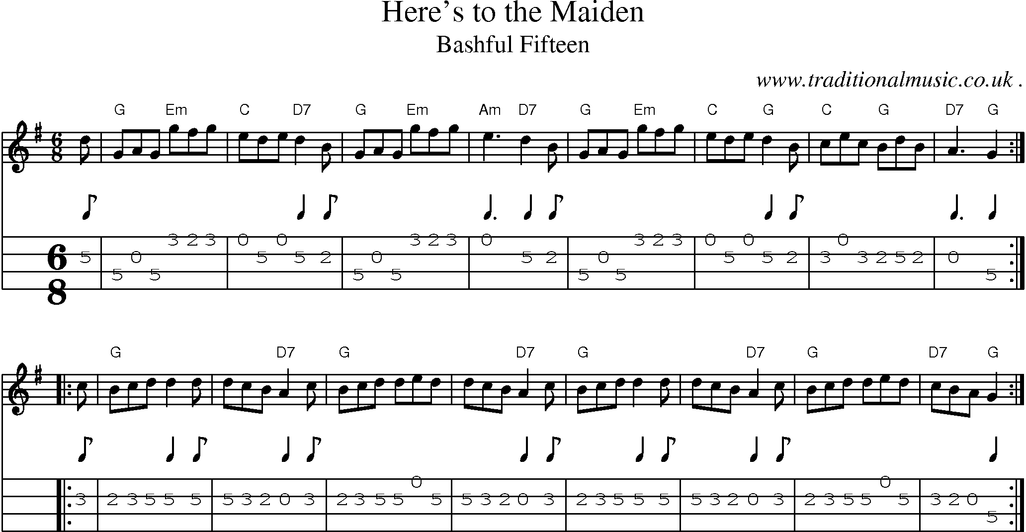 Sheet-music  score, Chords and Mandolin Tabs for Heres To The Maiden