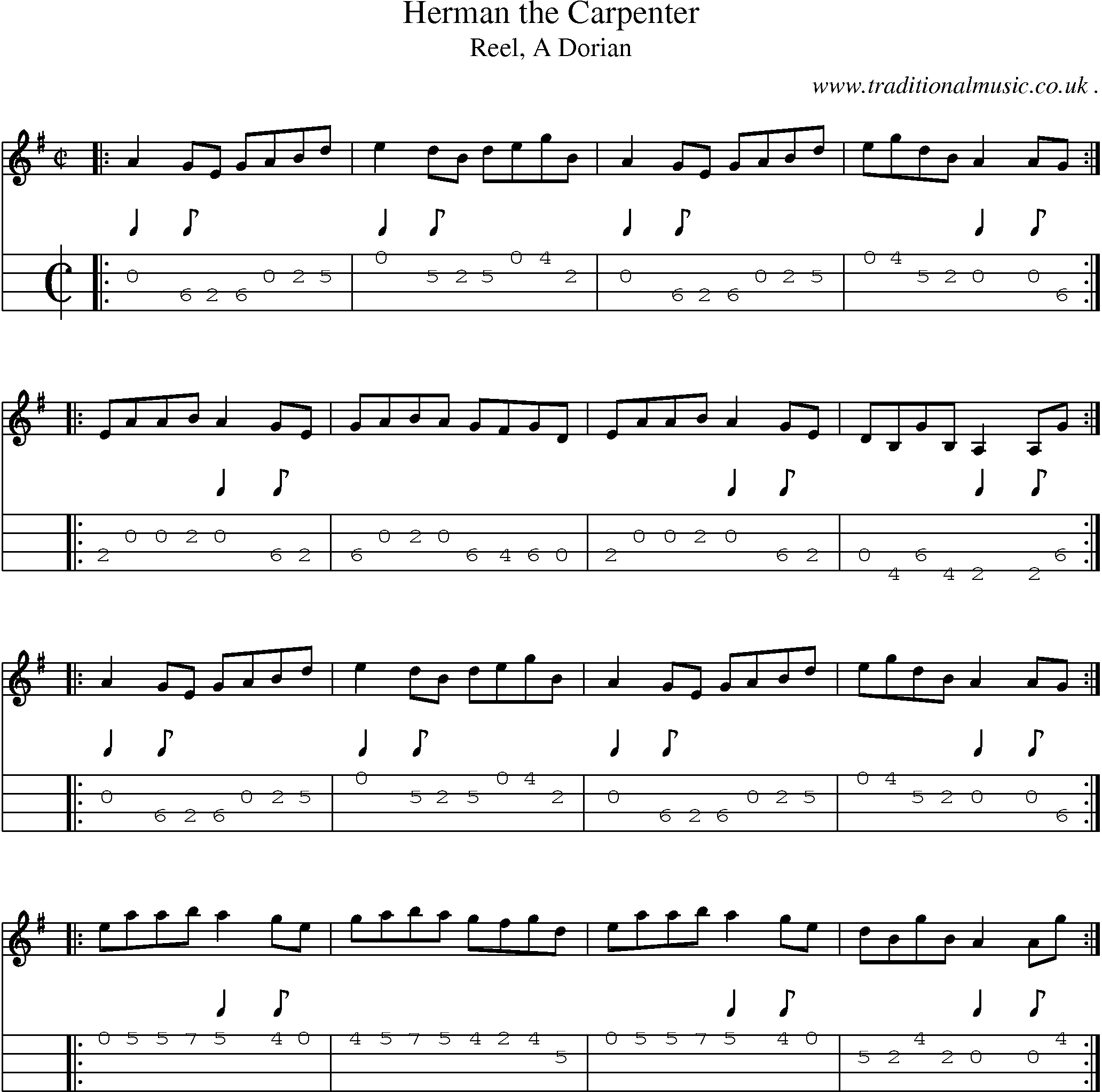 Sheet-music  score, Chords and Mandolin Tabs for Herman The Carpenter