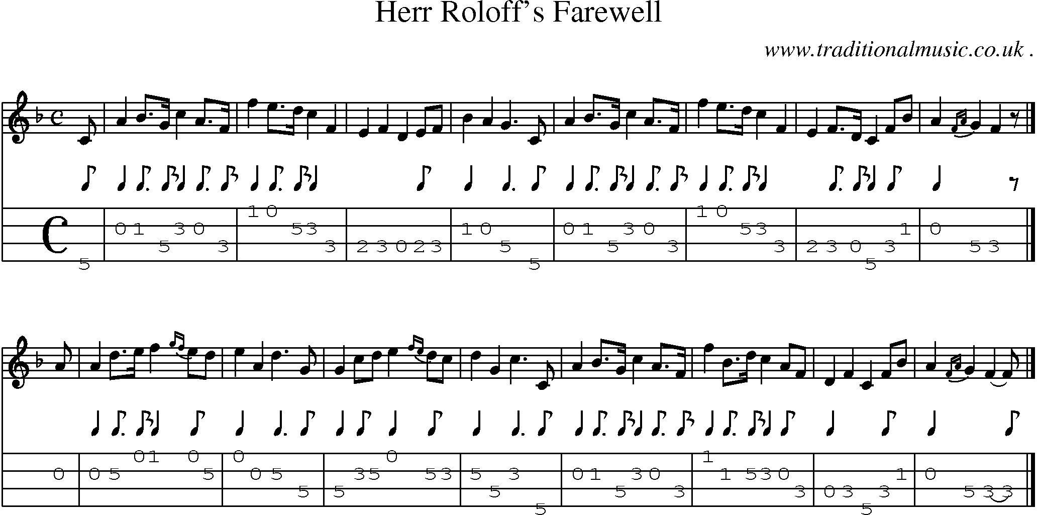 Sheet-music  score, Chords and Mandolin Tabs for Herr Roloffs Farewell