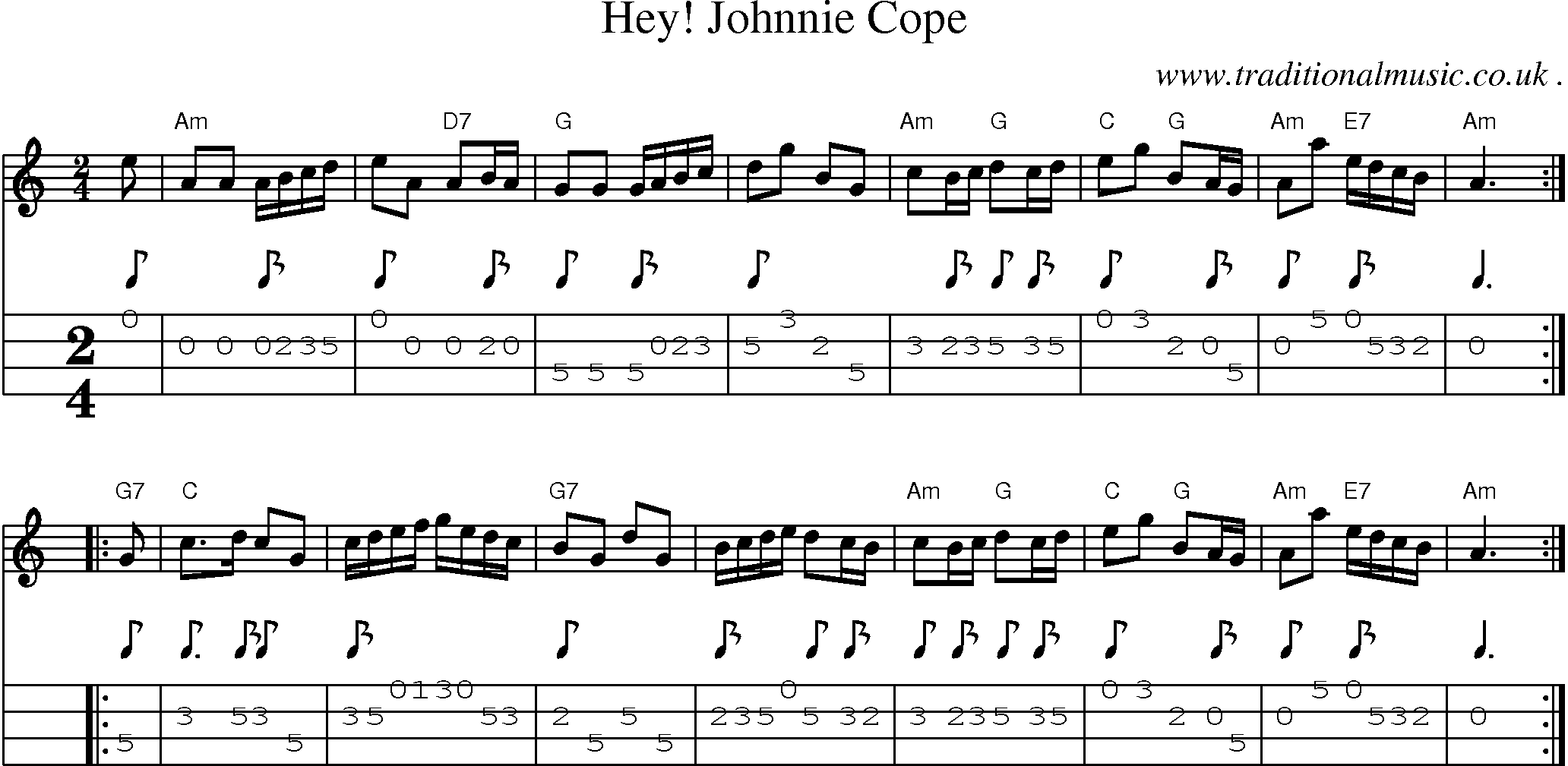 Sheet-music  score, Chords and Mandolin Tabs for Hey! Johnnie Cope