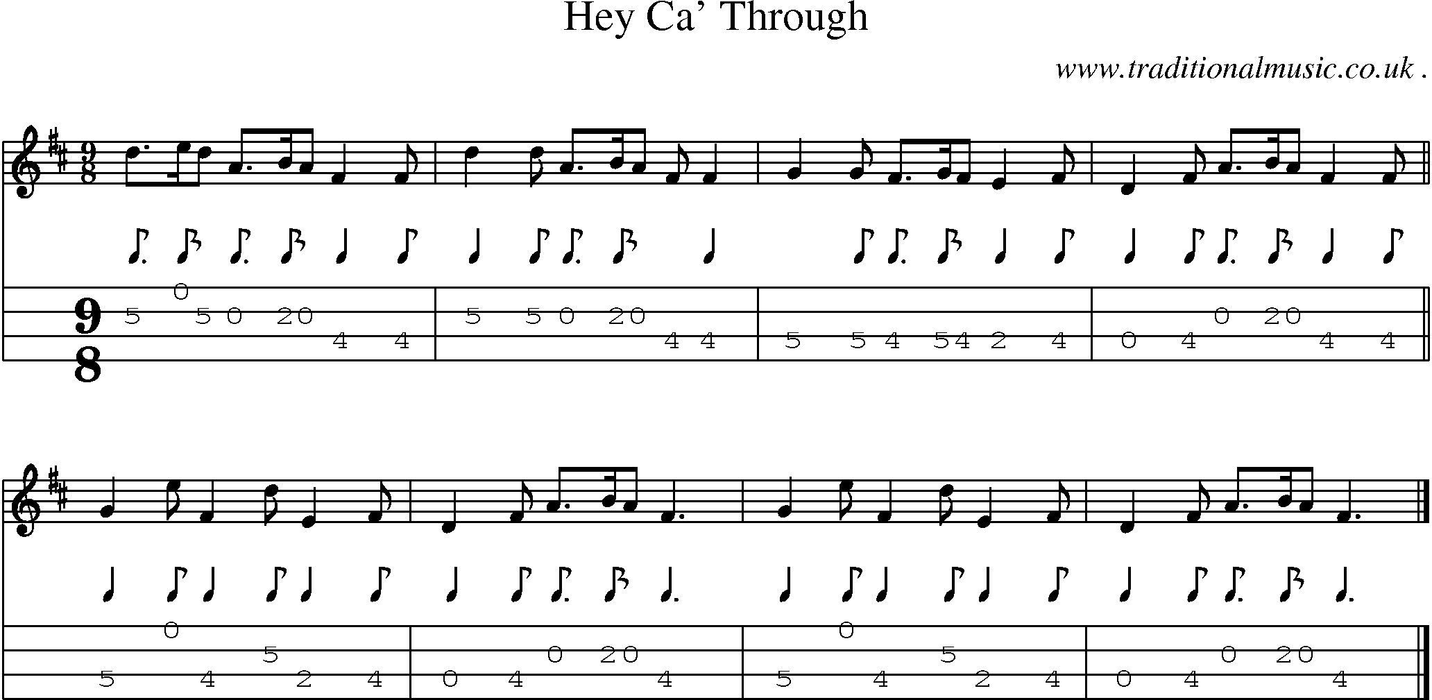 Sheet-music  score, Chords and Mandolin Tabs for Hey Ca Through