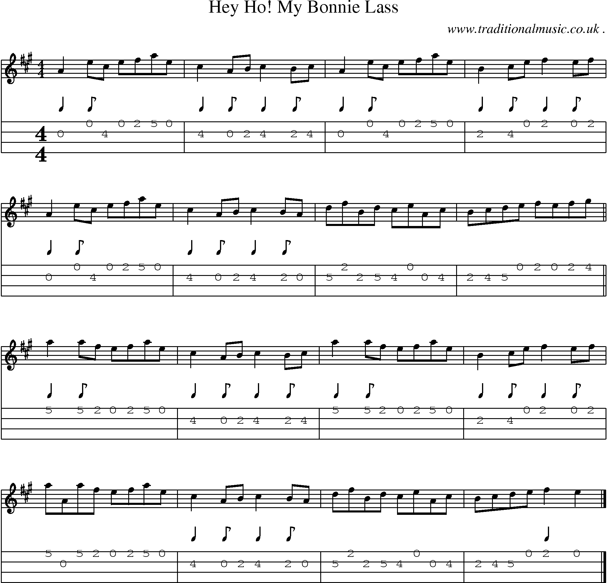 Sheet-music  score, Chords and Mandolin Tabs for Hey Ho! My Bonnie Lass