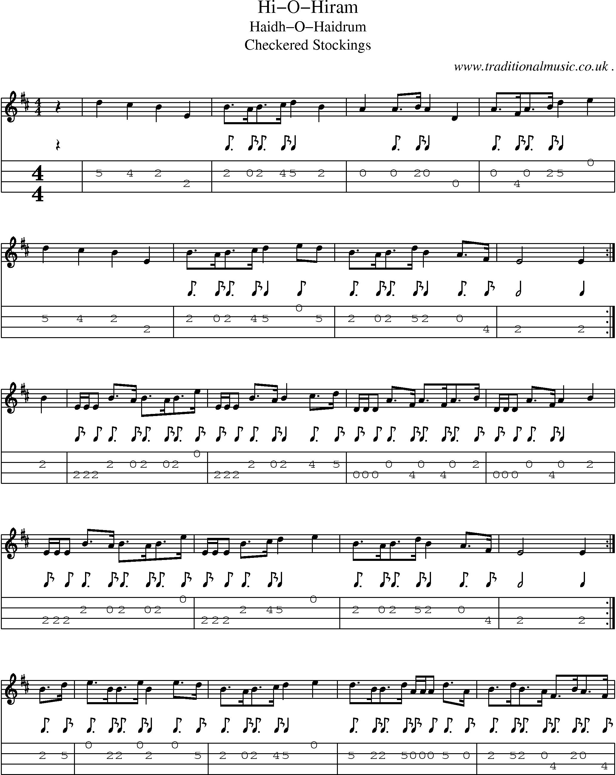 Sheet-music  score, Chords and Mandolin Tabs for Hi-o-hiram