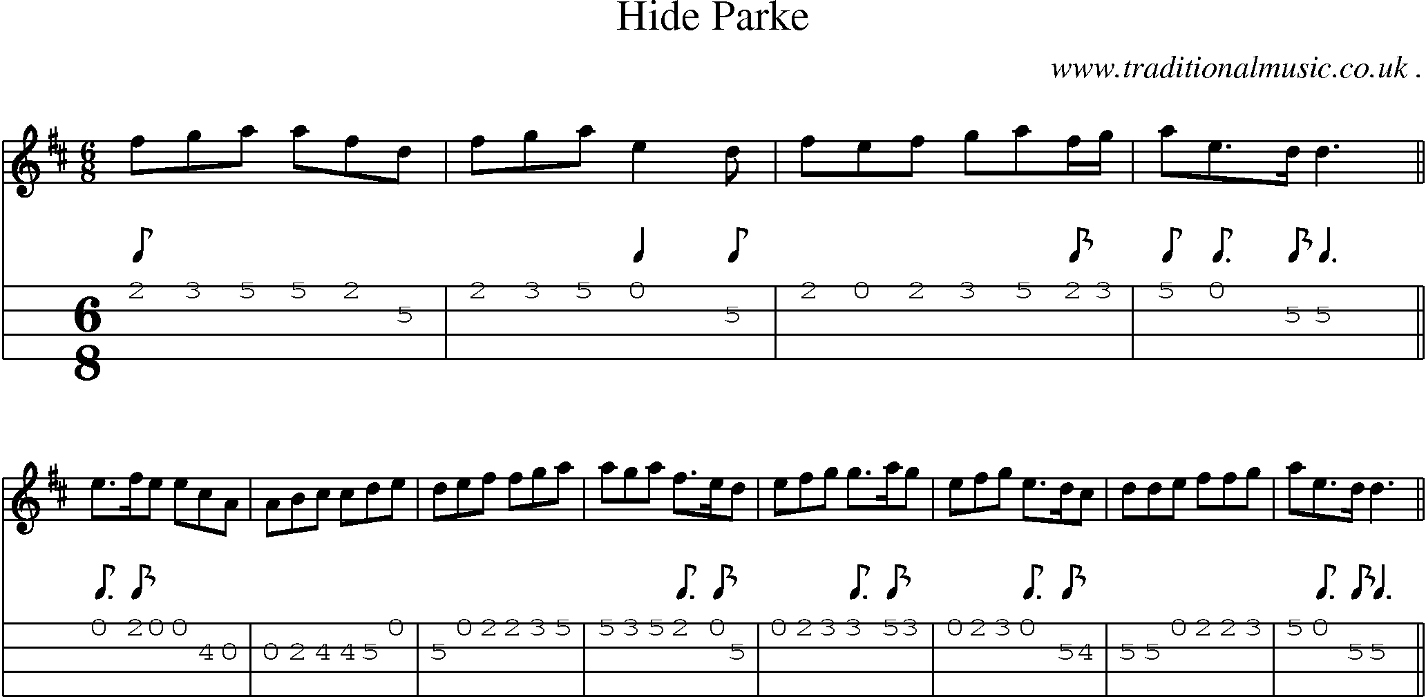 Sheet-music  score, Chords and Mandolin Tabs for Hide Parke