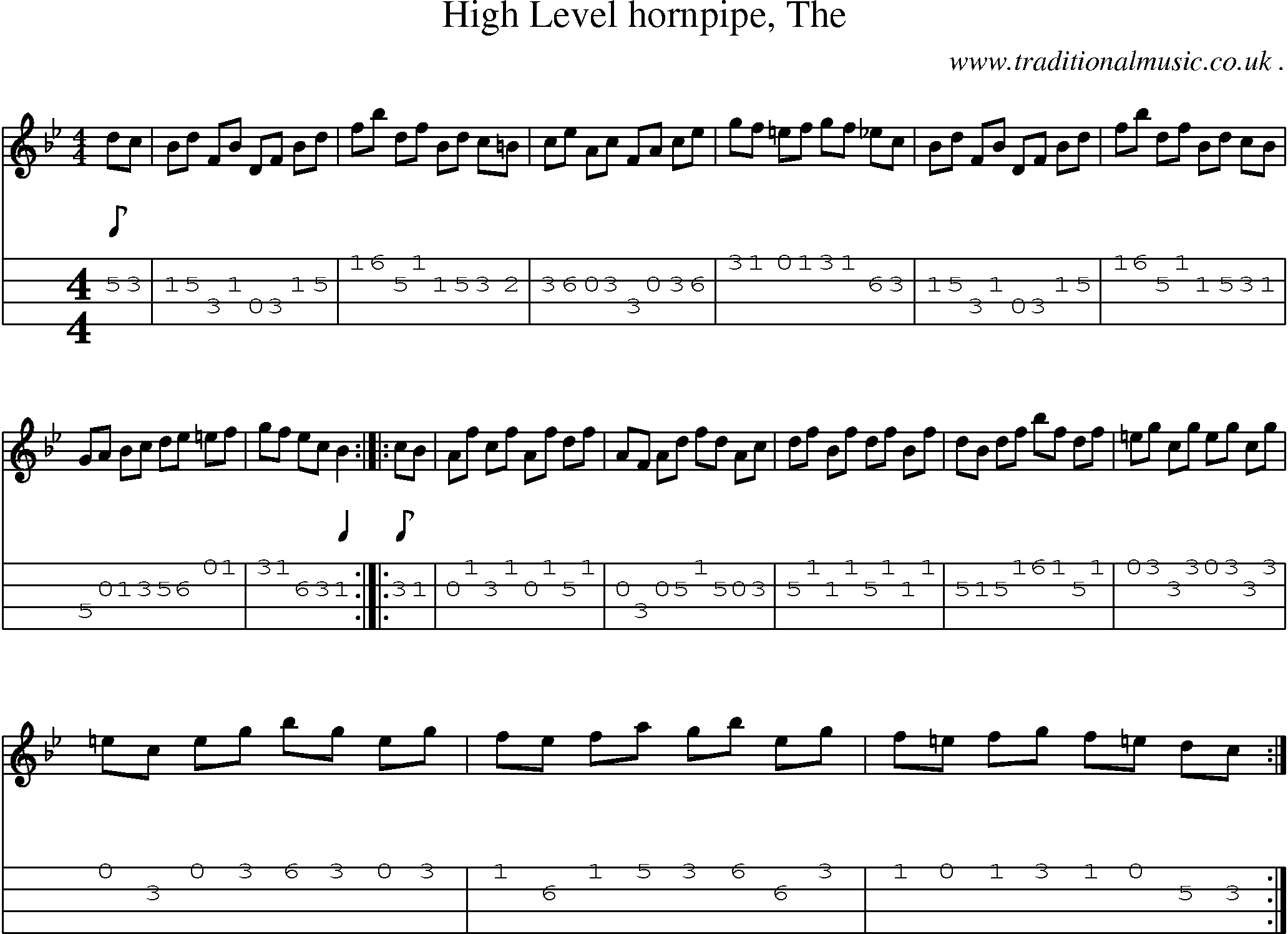 Sheet-music  score, Chords and Mandolin Tabs for High Level Hornpipe The