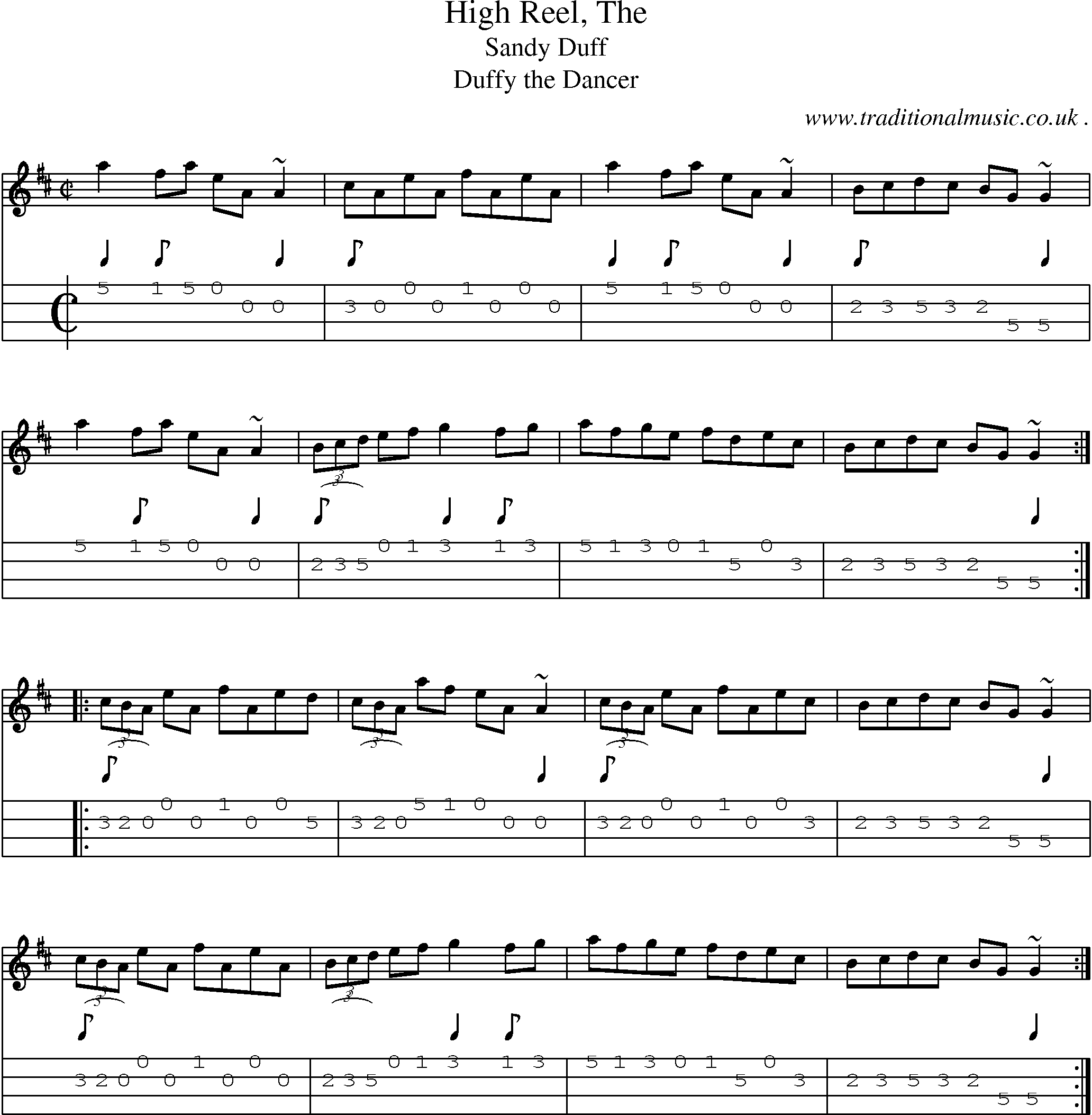 Sheet-music  score, Chords and Mandolin Tabs for High Reel The