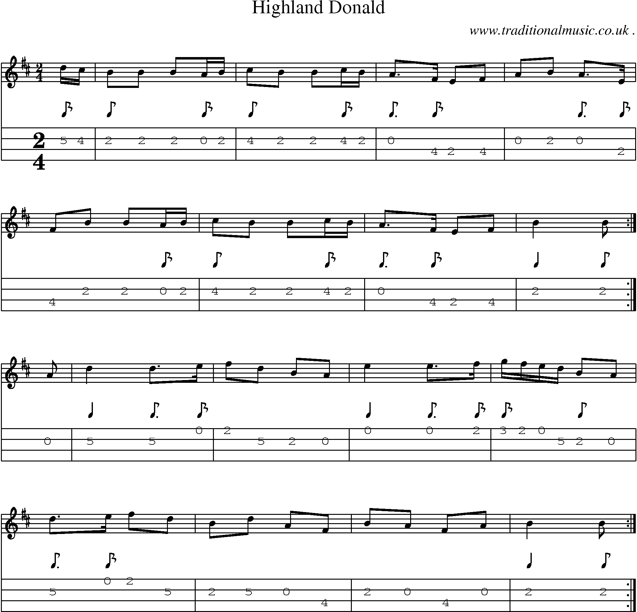 Sheet-music  score, Chords and Mandolin Tabs for Highland Donald