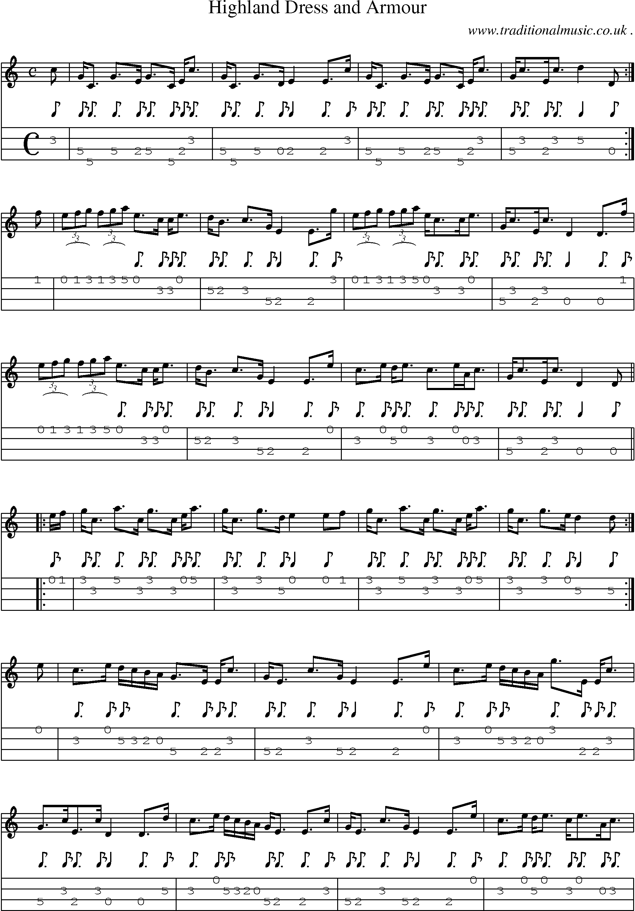 Sheet-music  score, Chords and Mandolin Tabs for Highland Dress And Armour