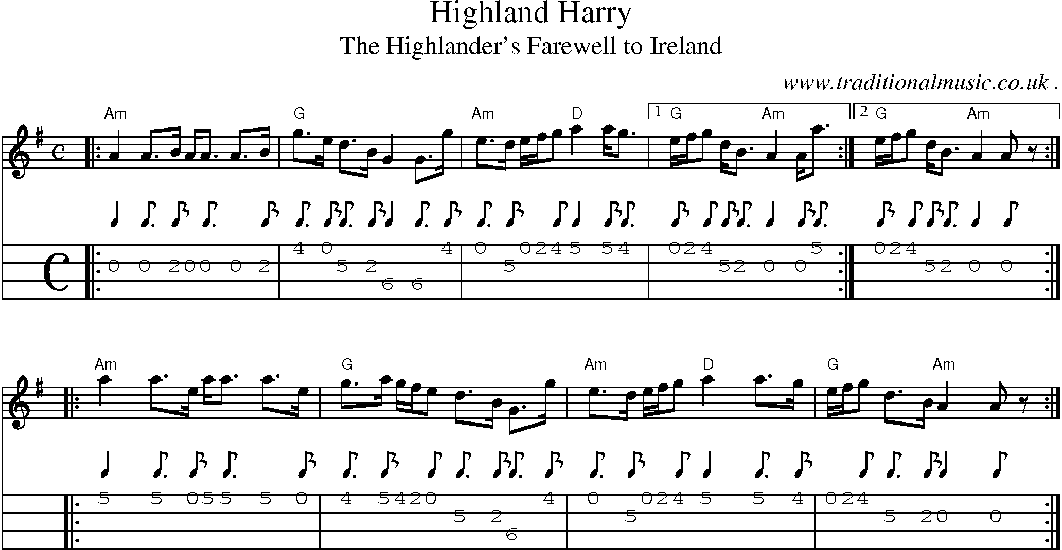 Sheet-music  score, Chords and Mandolin Tabs for Highland Harry