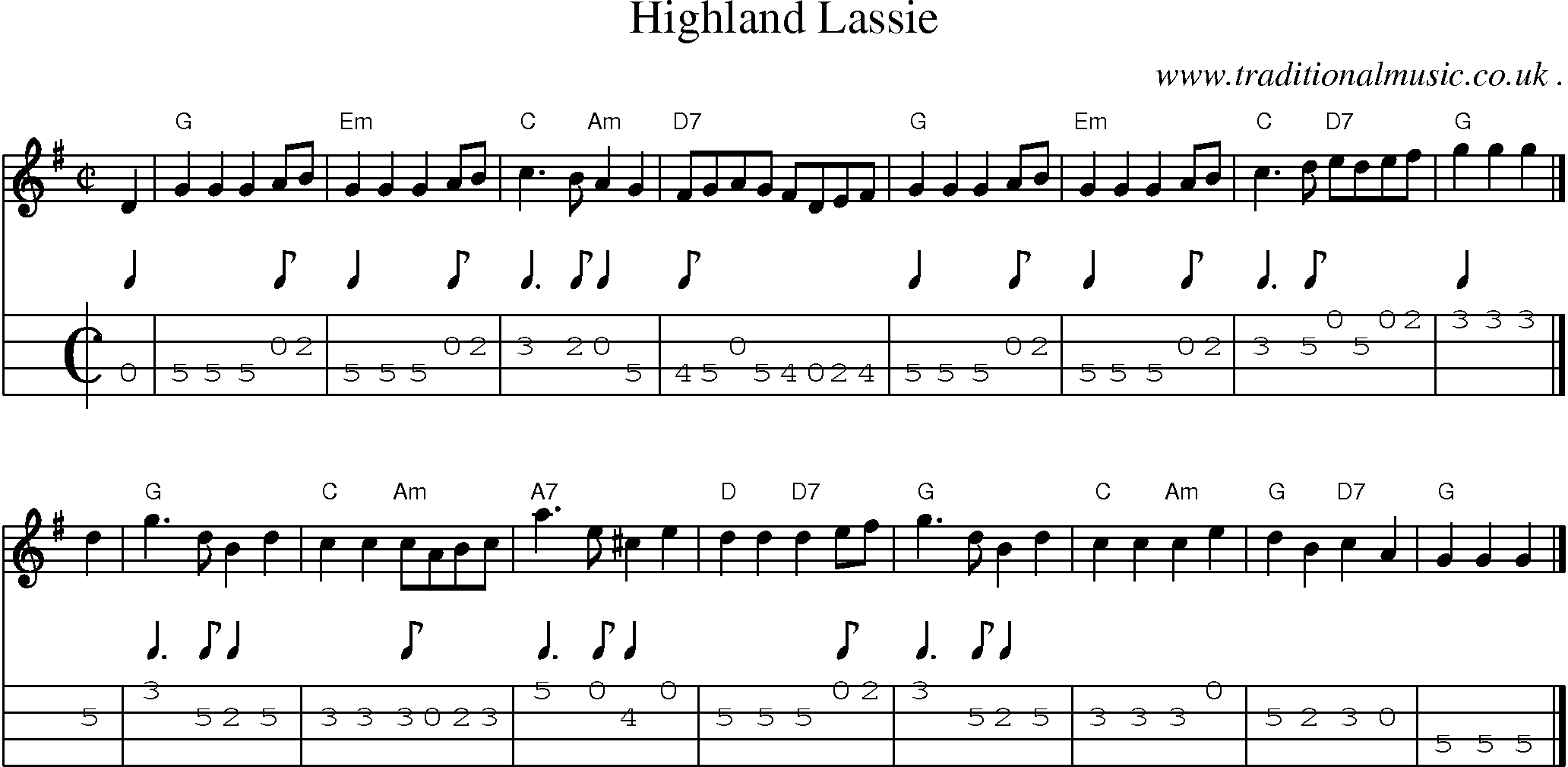 Sheet-music  score, Chords and Mandolin Tabs for Highland Lassie