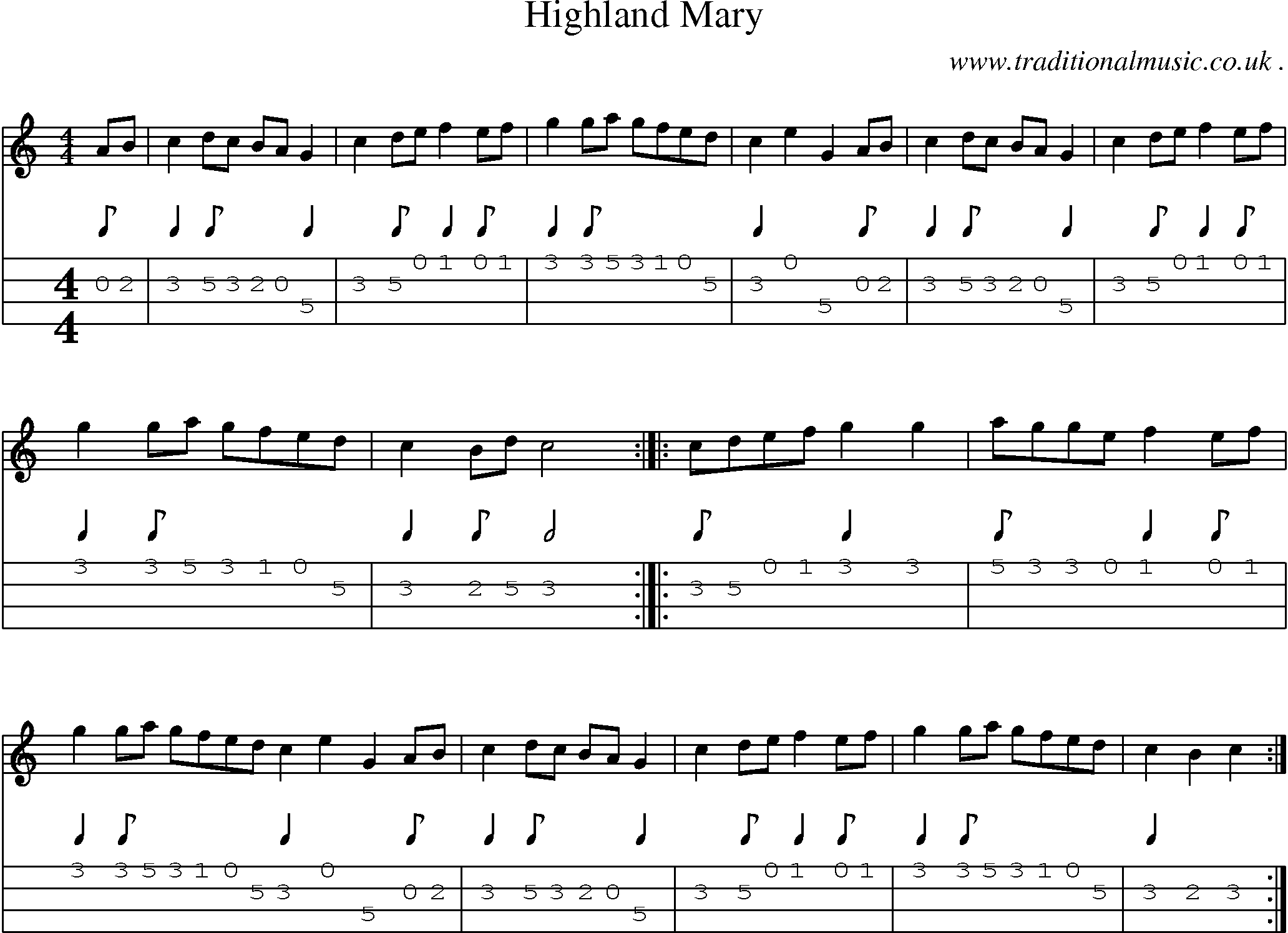 Sheet-music  score, Chords and Mandolin Tabs for Highland Mary
