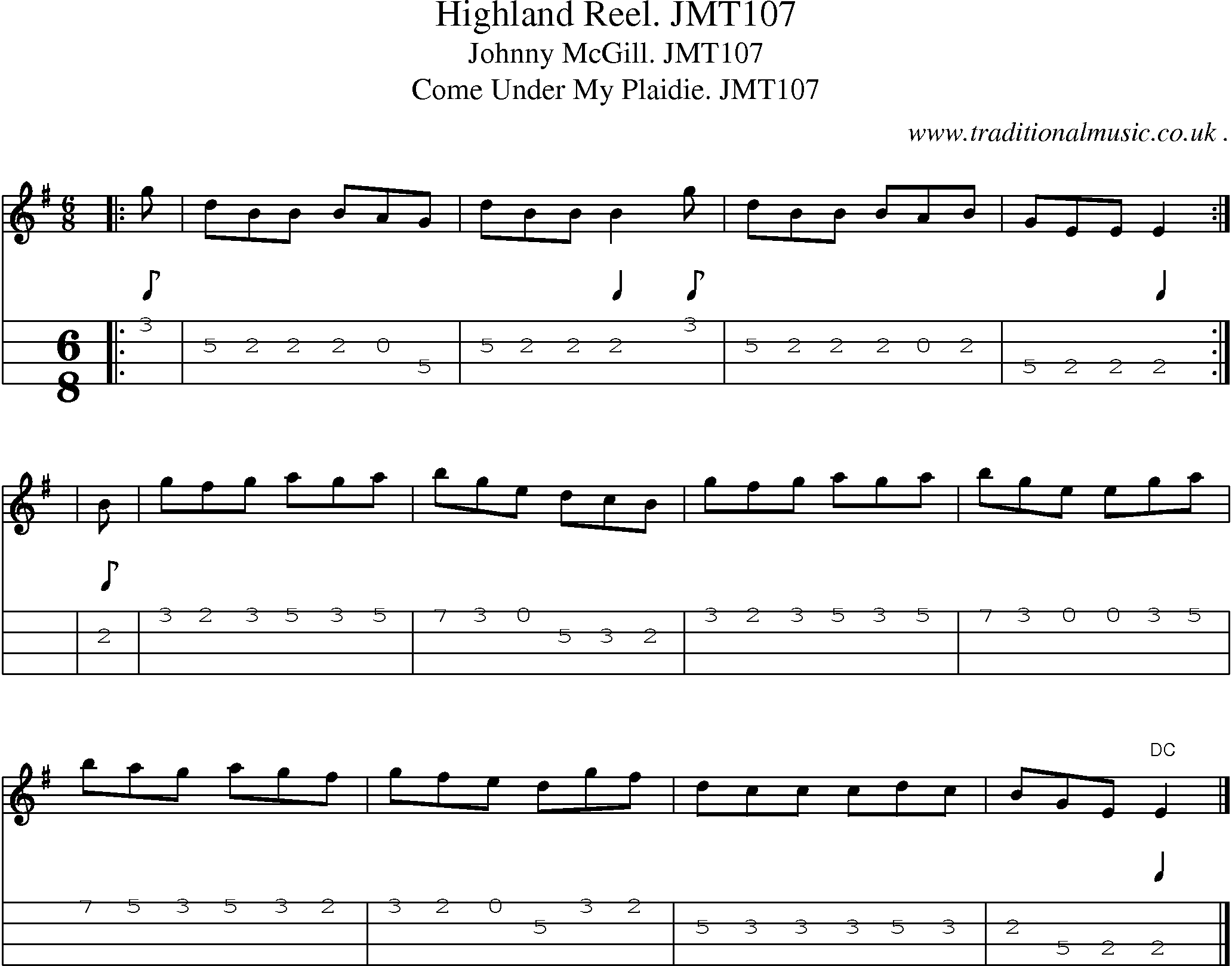 Sheet-music  score, Chords and Mandolin Tabs for Highland Reel Jmt107