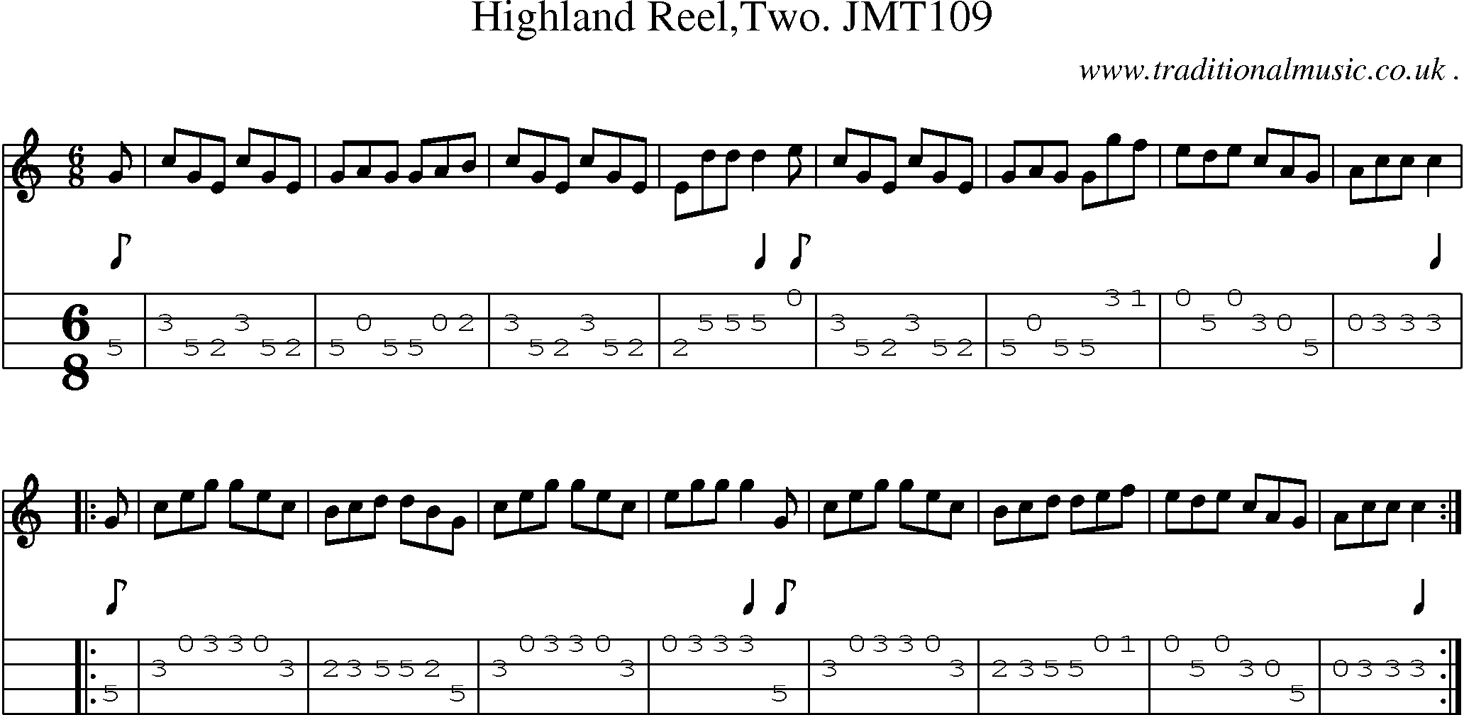 Sheet-music  score, Chords and Mandolin Tabs for Highland Reeltwo Jmt109
