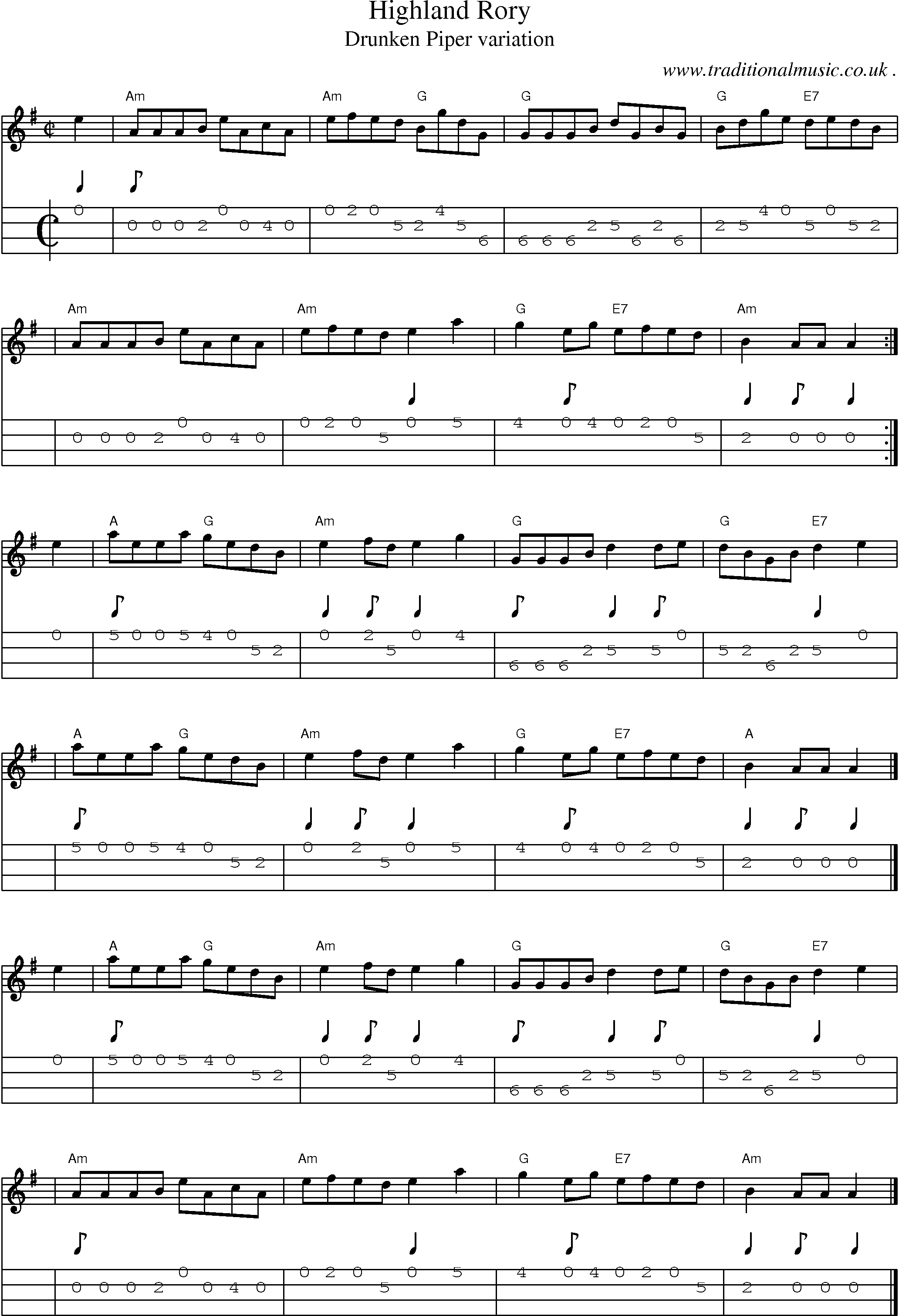 Sheet-music  score, Chords and Mandolin Tabs for Highland Rory