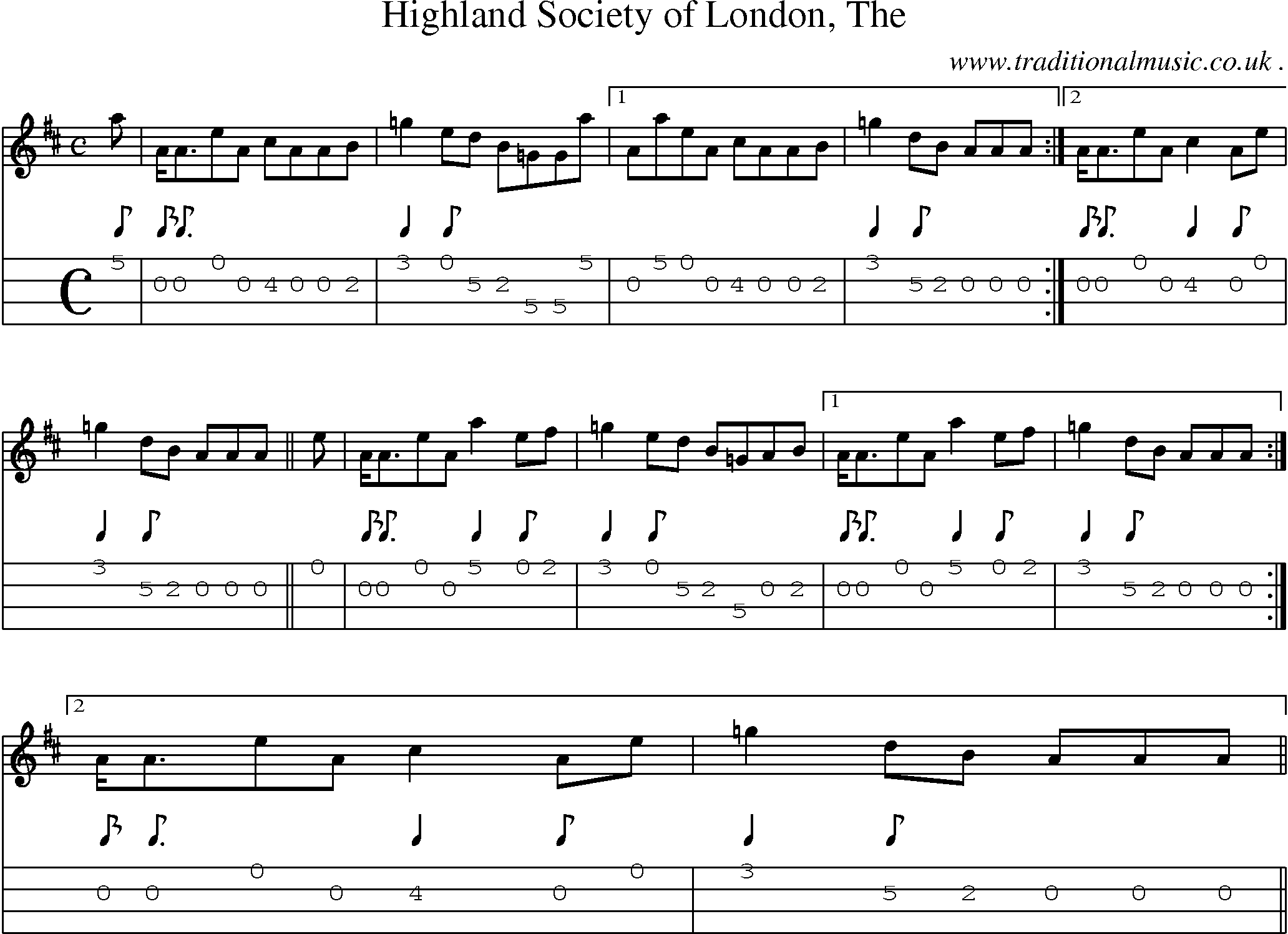 Sheet-music  score, Chords and Mandolin Tabs for Highland Society Of London The