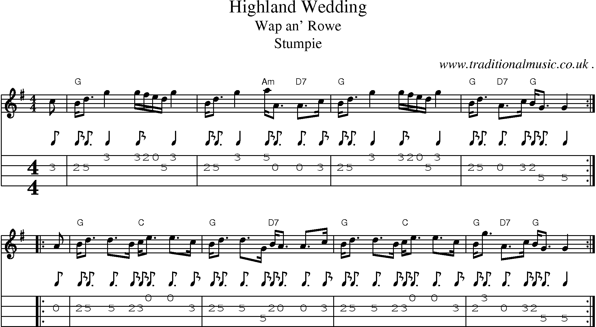 Sheet-music  score, Chords and Mandolin Tabs for Highland Wedding