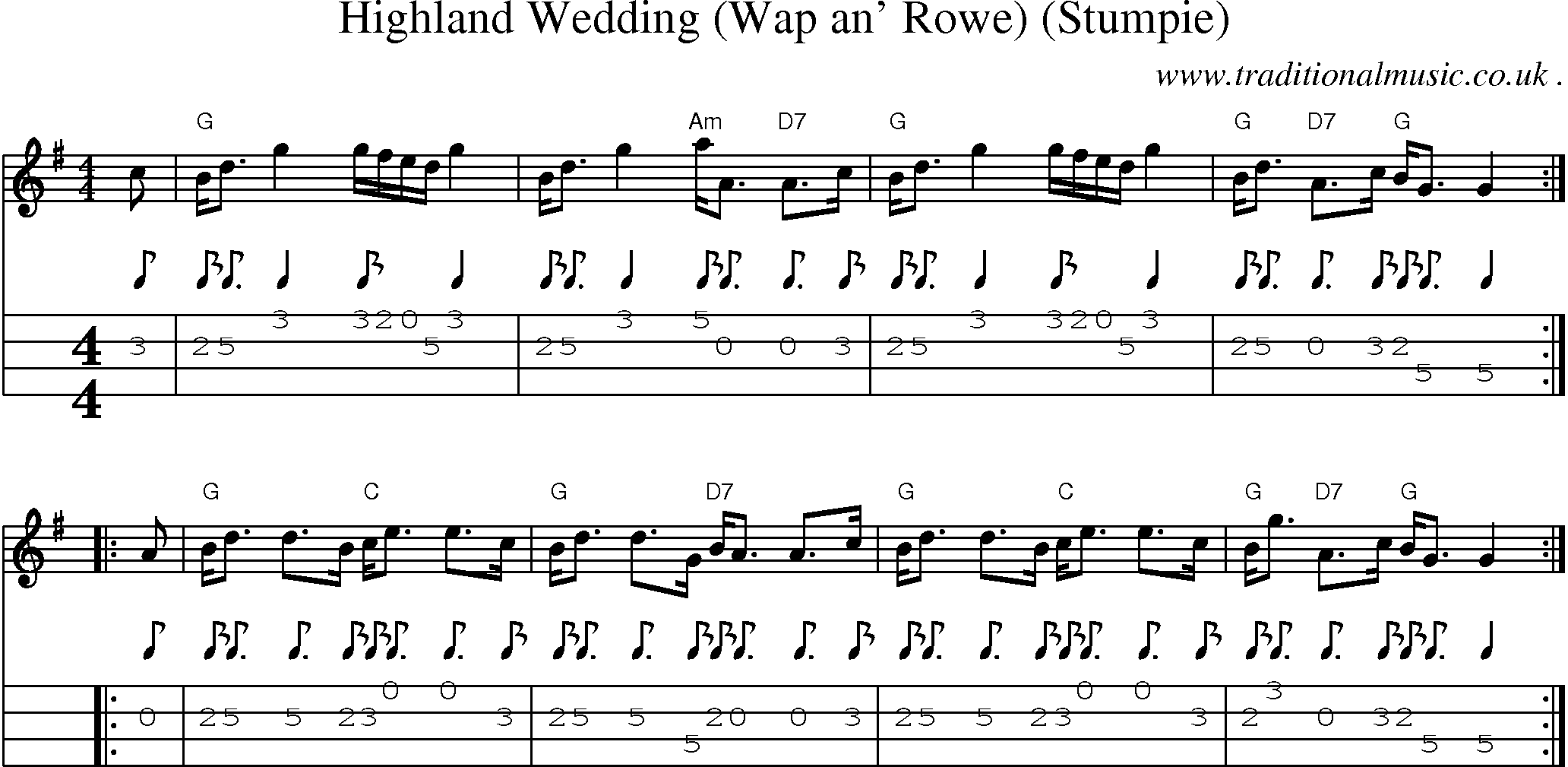 Sheet-music  score, Chords and Mandolin Tabs for Highland Wedding Wap An Rowe Stumpie
